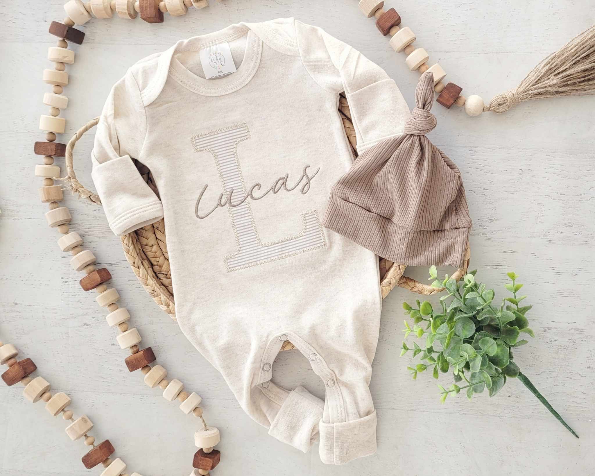 Personalized neutral baby romper and hat set, custom infant boy coming home outfit, baby shower gift, beige with footies, taupe tan