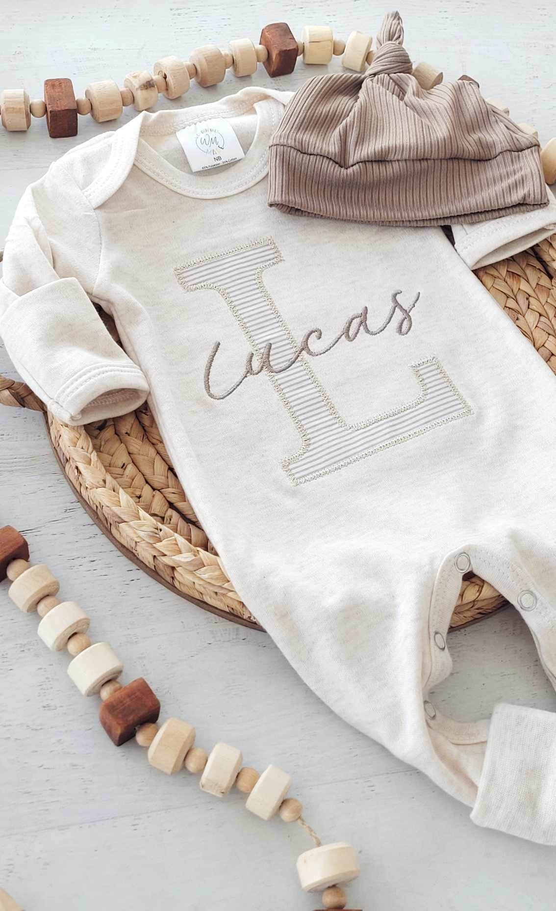 Personalized neutral baby romper and hat set, custom infant boy coming home outfit, baby shower gift, beige with footies, taupe tan