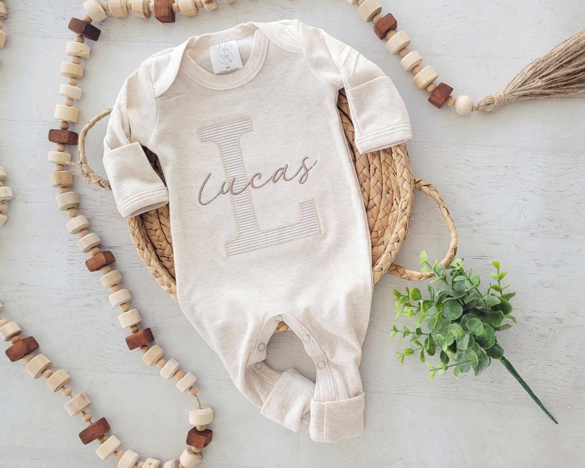Personalized neutral baby romper and hat set, custom infant boy coming home outfit, baby shower gift, beige with footies, taupe tan
