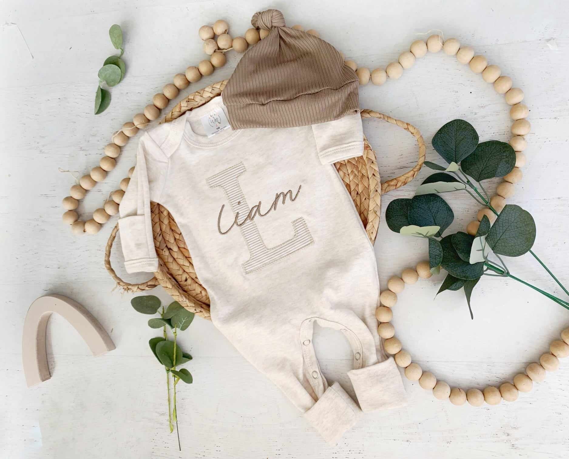 Personalized neutral baby romper and hat set, custom infant boy coming home outfit, baby shower gift, beige with footies, taupe tan