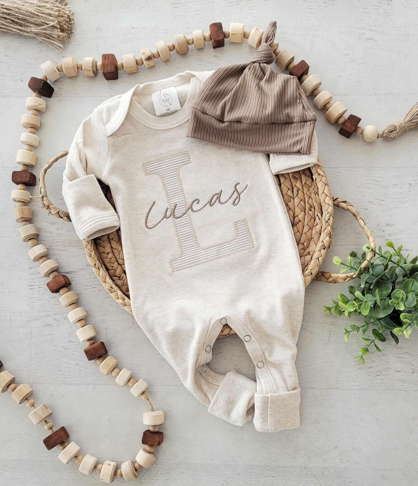 Personalized neutral baby romper and hat set, custom infant boy coming home outfit, baby shower gift, beige with footies, taupe tan