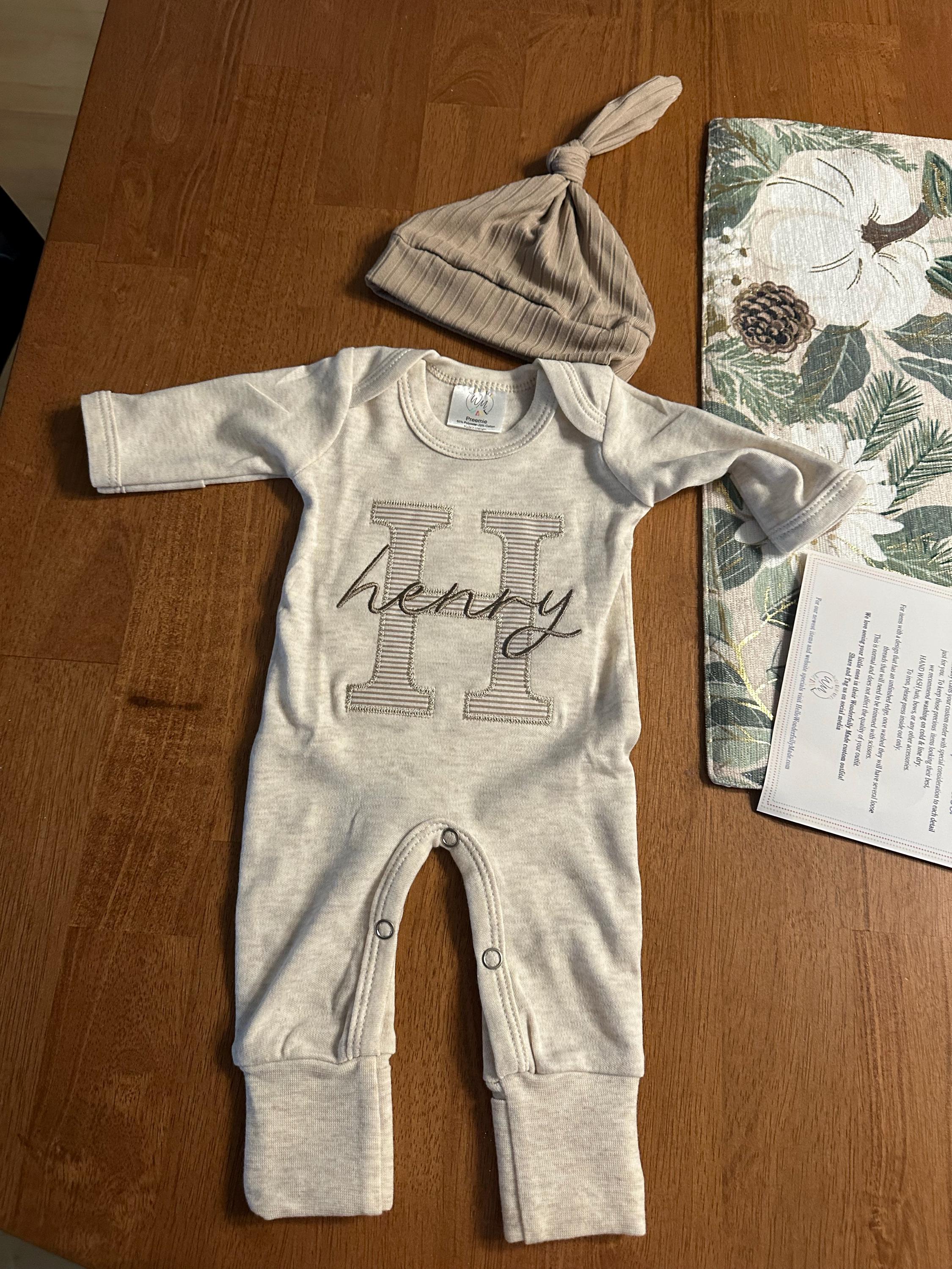 Personalized neutral baby romper and hat set, custom infant boy coming home outfit, baby shower gift, beige with footies, taupe tan