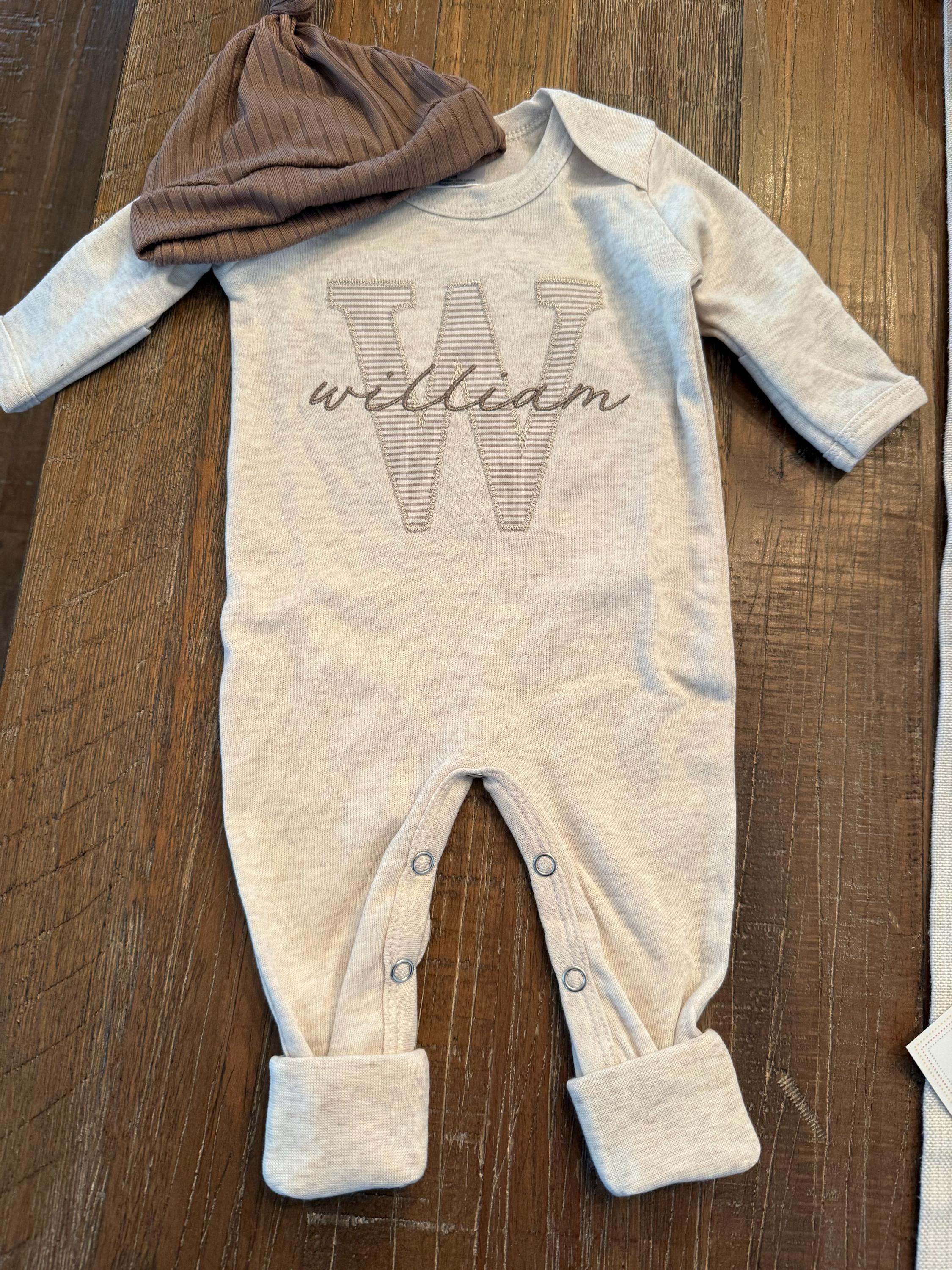 Personalized neutral baby romper and hat set, custom infant boy coming home outfit, baby shower gift, beige with footies, taupe tan
