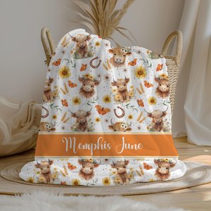 Personalized Highland Cow Baby Girl Blanket, Custom Name Crib Blanket, Swaddle Set, Minky Fleece Sherpa, Baby Shower Gift, Farm Nursery