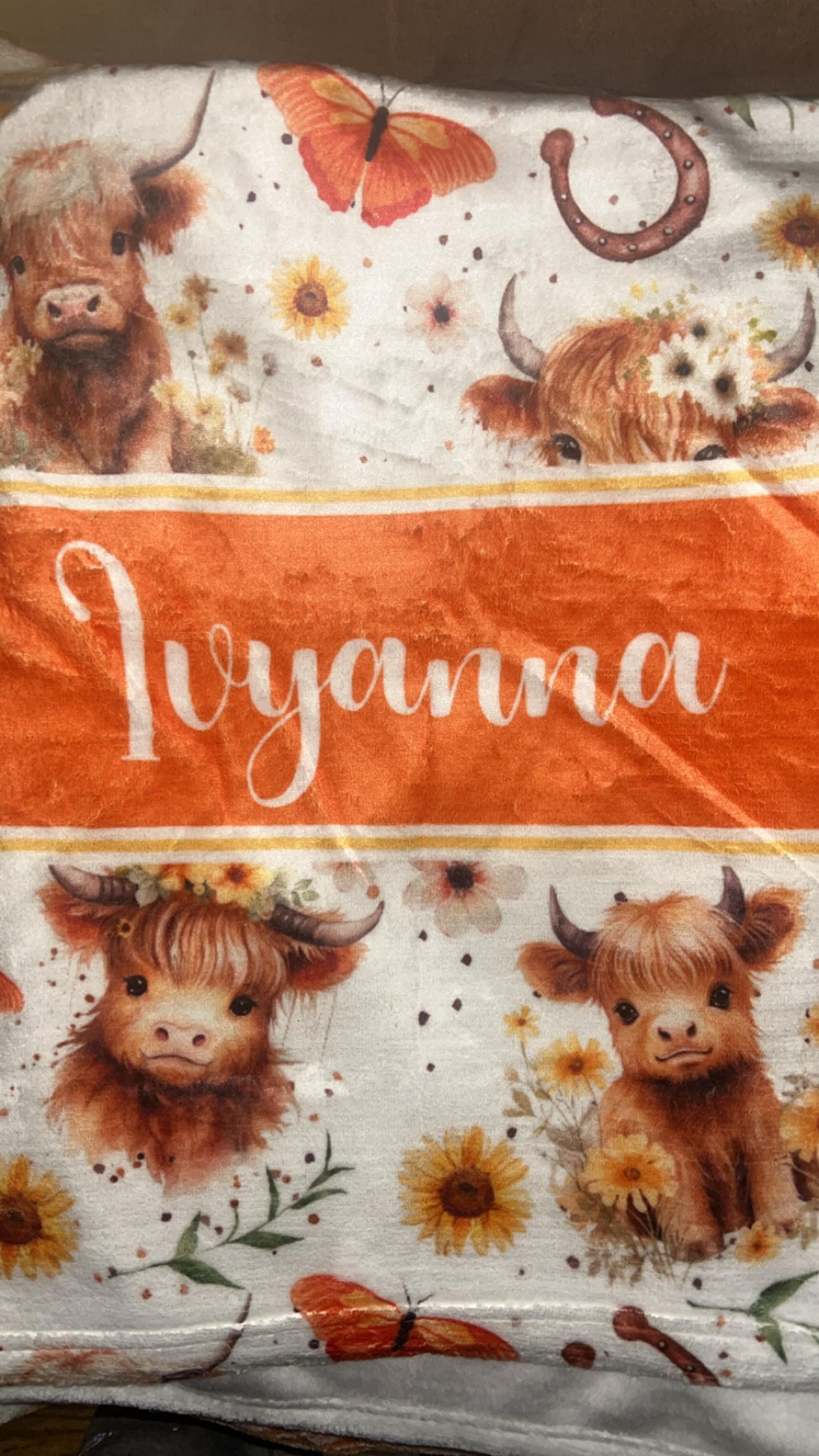 Personalized Highland Cow Baby Girl Blanket, Custom Name Crib Blanket, Swaddle Set, Minky Fleece Sherpa, Baby Shower Gift, Farm Nursery