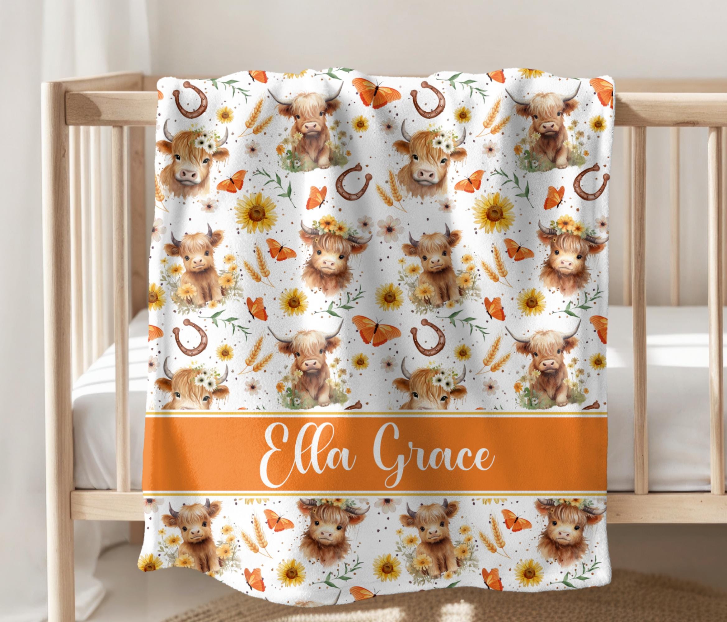 Personalized Highland Cow Baby Girl Blanket, Custom Name Crib Blanket, Swaddle Set, Minky Fleece Sherpa, Baby Shower Gift, Farm Nursery