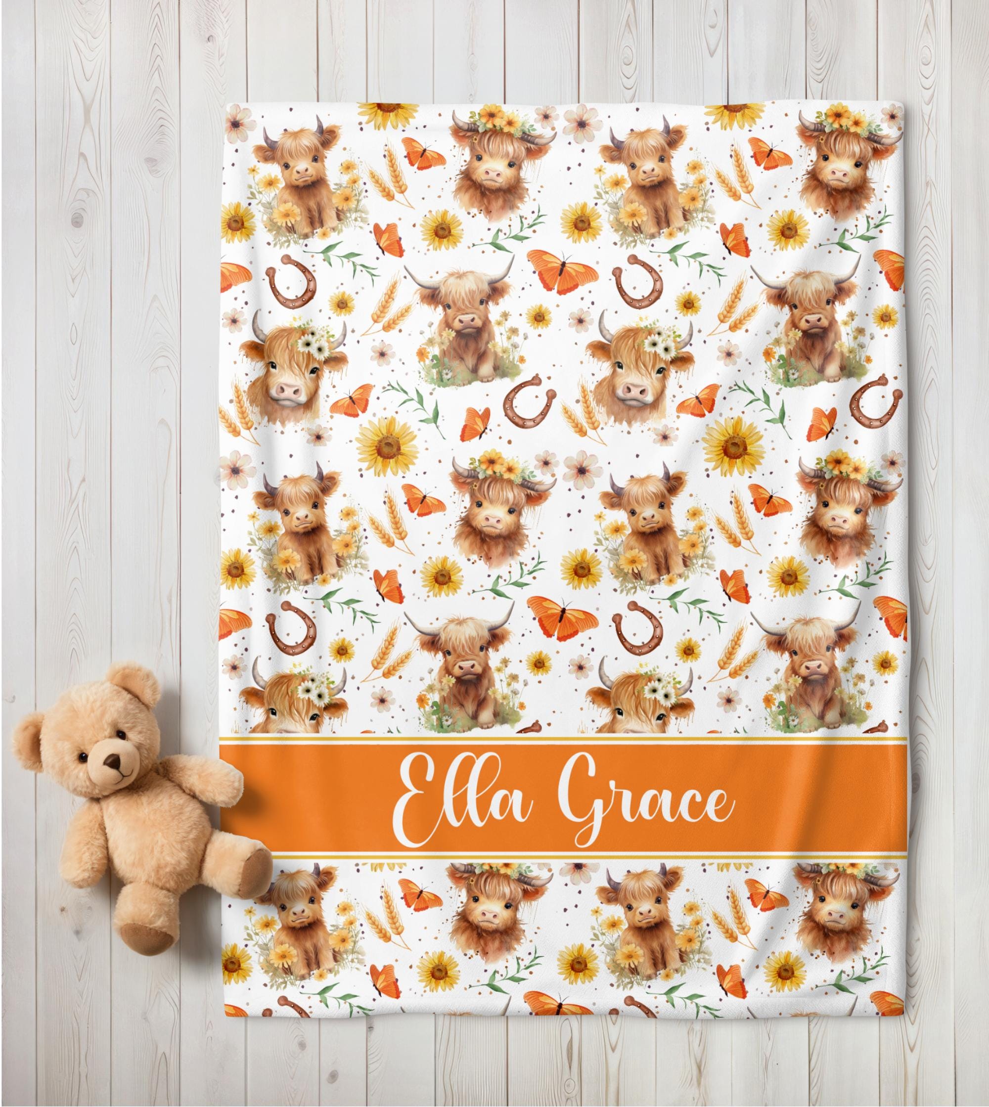 Personalized Highland Cow Baby Girl Blanket, Custom Name Crib Blanket, Swaddle Set, Minky Fleece Sherpa, Baby Shower Gift, Farm Nursery