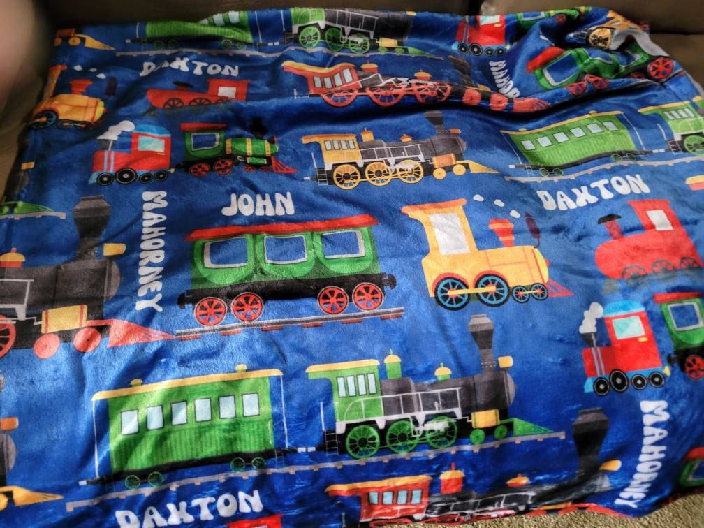 Personalized Train Blanket, Custom Goods Wagons Minky Blanket, Customized Steam Locomotive Sherpa Blankie, Boys Birthday Gift, Bedroom Throw