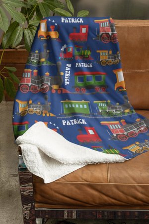 Personalized Train Blanket, Custom Goods Wagons Minky Blanket, Customized Steam Locomotive Sherpa Blankie, Boys Birthday Gift, Bedroom Throw