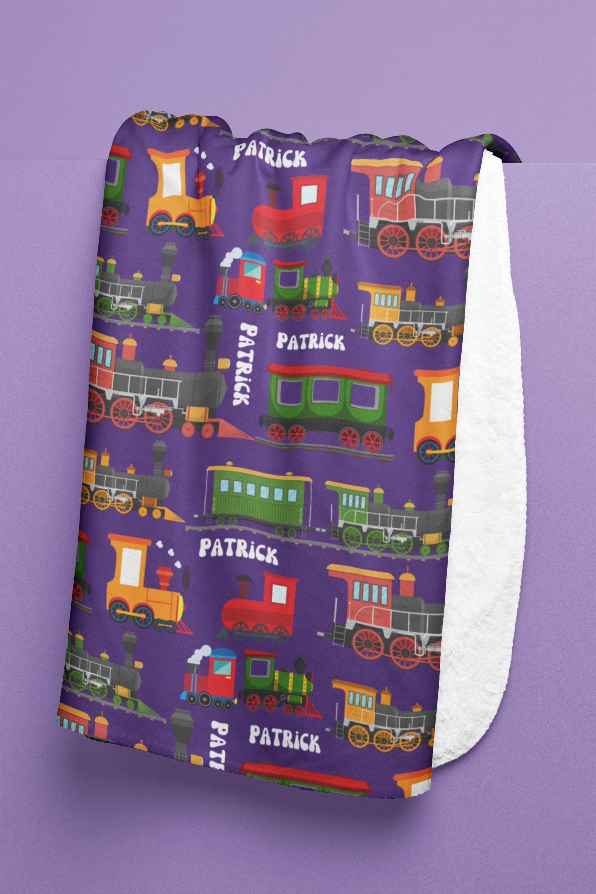 Personalized Train Blanket, Custom Goods Wagons Minky Blanket, Customized Steam Locomotive Sherpa Blankie, Boys Birthday Gift, Bedroom Throw