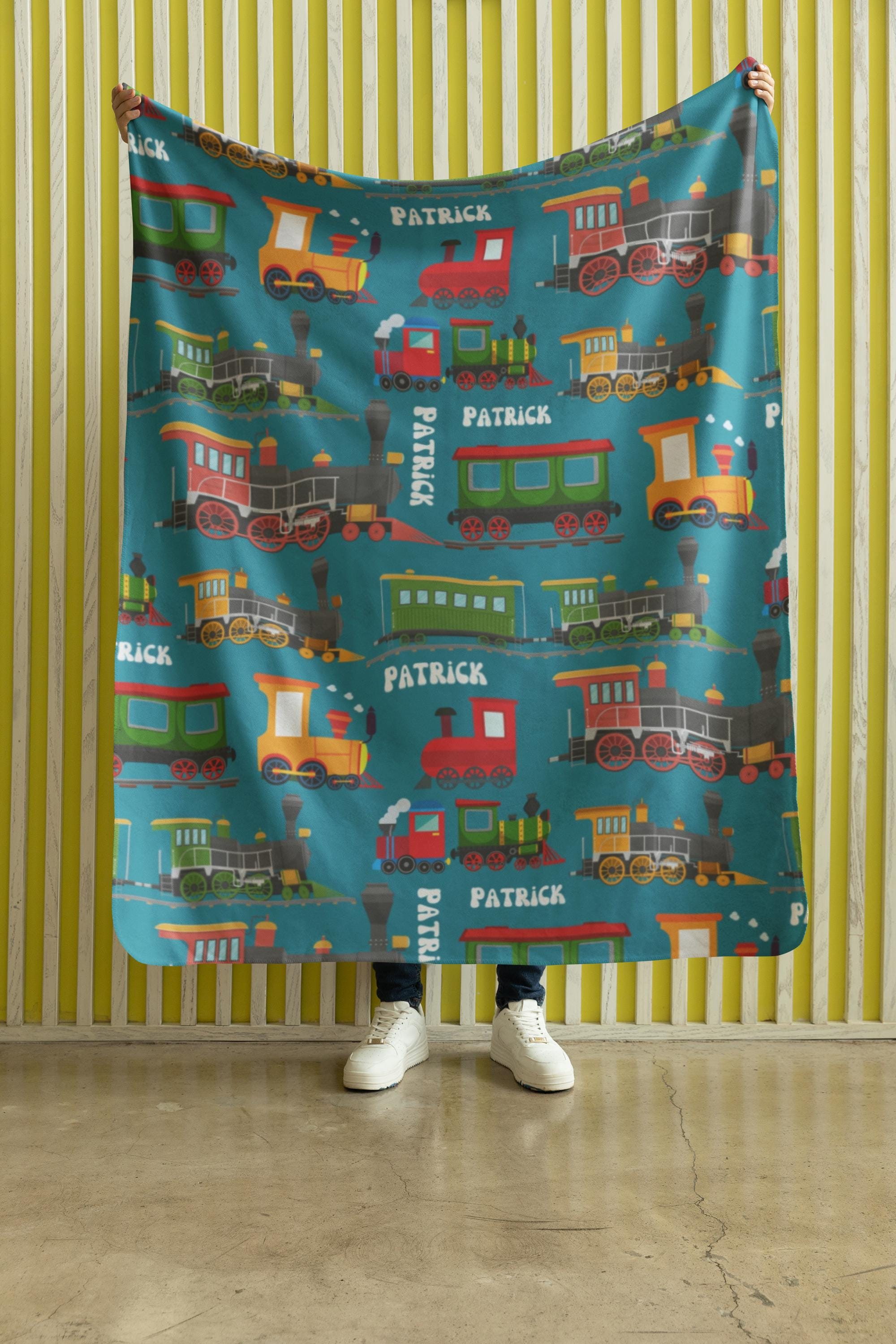 Personalized Train Blanket, Custom Goods Wagons Minky Blanket, Customized Steam Locomotive Sherpa Blankie, Boys Birthday Gift, Bedroom Throw