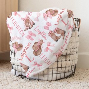 Pink Boots and Bows Western Baby Girl Blanket, Personalized Coquette Gift, Cowgirl Nursery Decor, Girl's Newborn Swaddle, 1st Birthday Gift