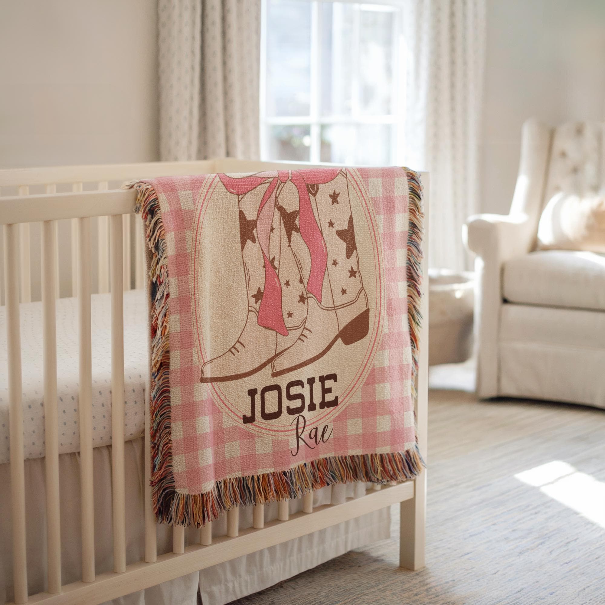 Personalized Cowgirl Blanket Cowgirl Baby Shower Gift Western Girl Blanket with Bow Nursery Decor Coquetteaesthetic Girl Name Woven Blanket