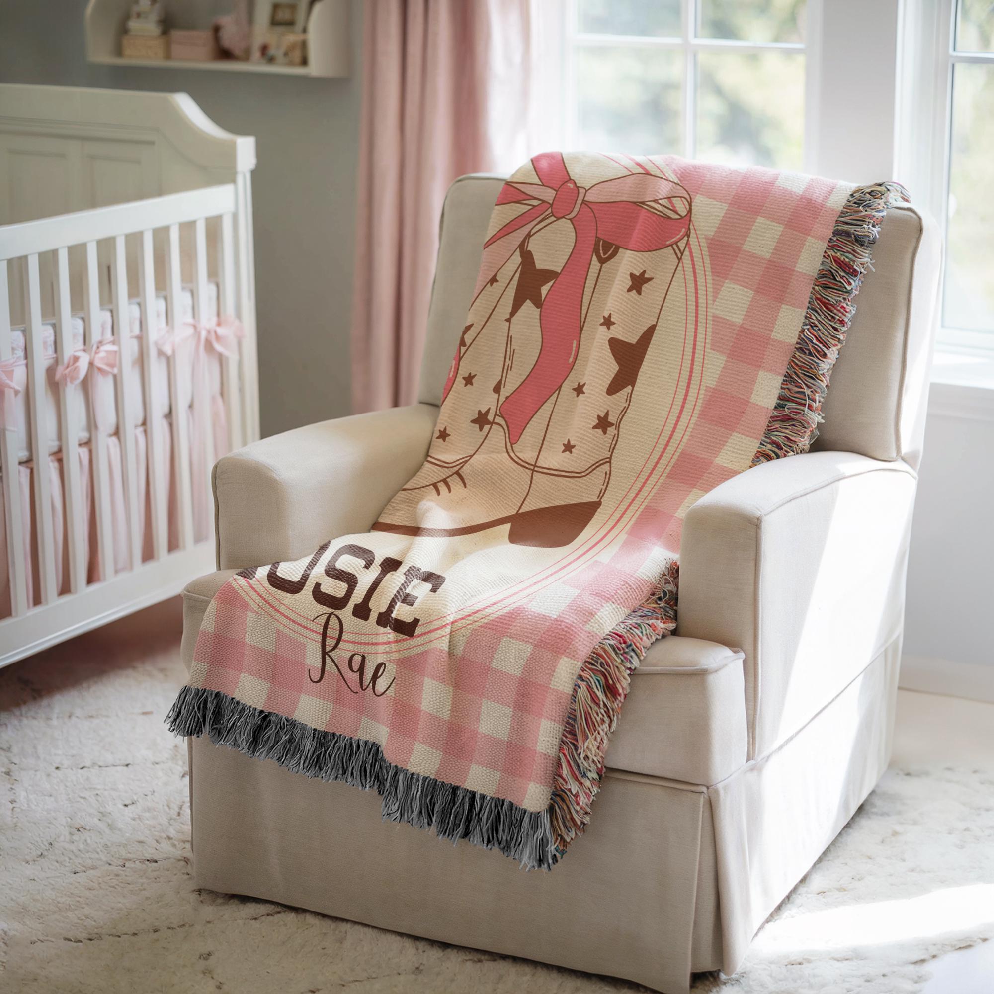 Personalized Cowgirl Blanket Cowgirl Baby Shower Gift Western Girl Blanket with Bow Nursery Decor Coquetteaesthetic Girl Name Woven Blanket