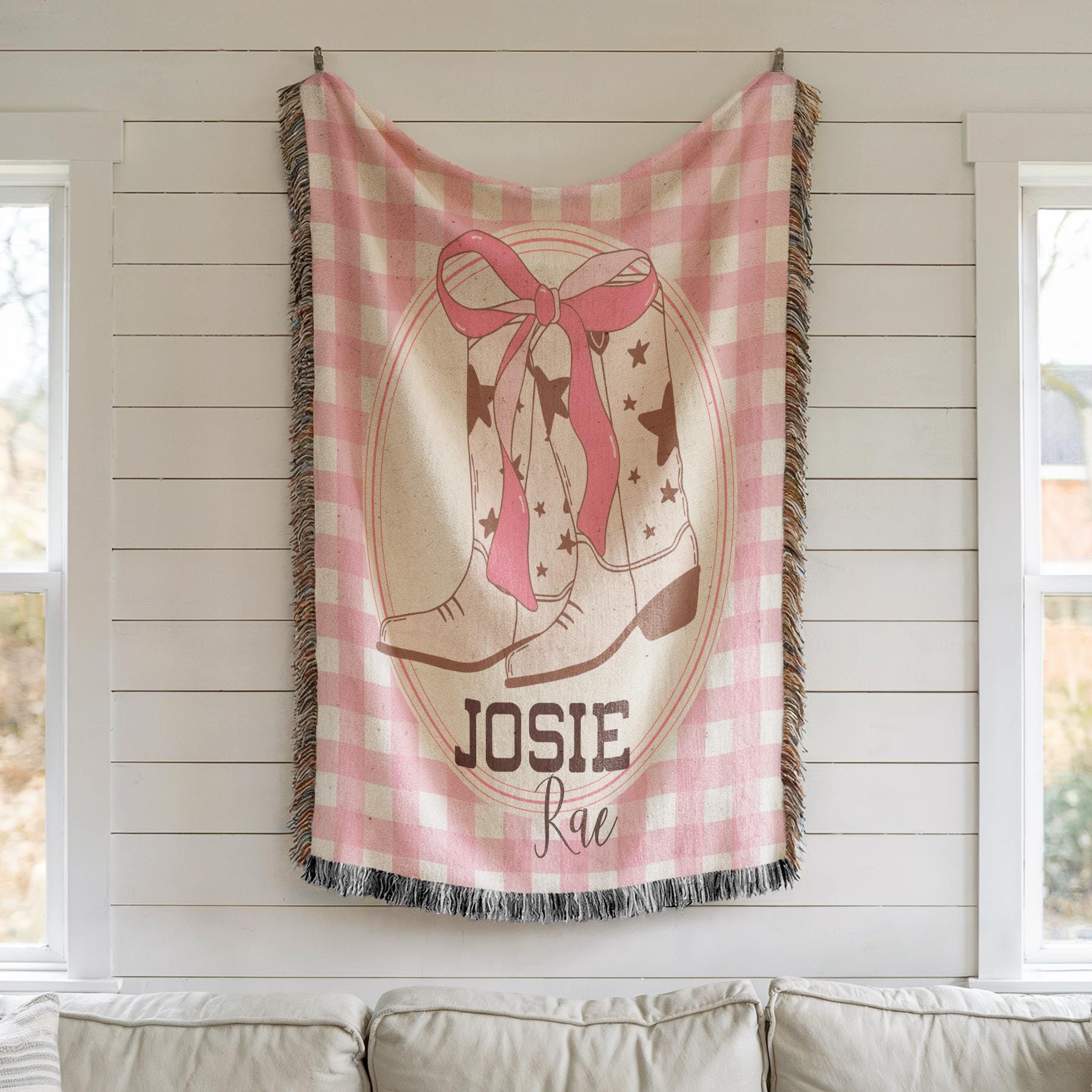 Personalized Cowgirl Blanket Cowgirl Baby Shower Gift Western Girl Blanket with Bow Nursery Decor Coquetteaesthetic Girl Name Woven Blanket