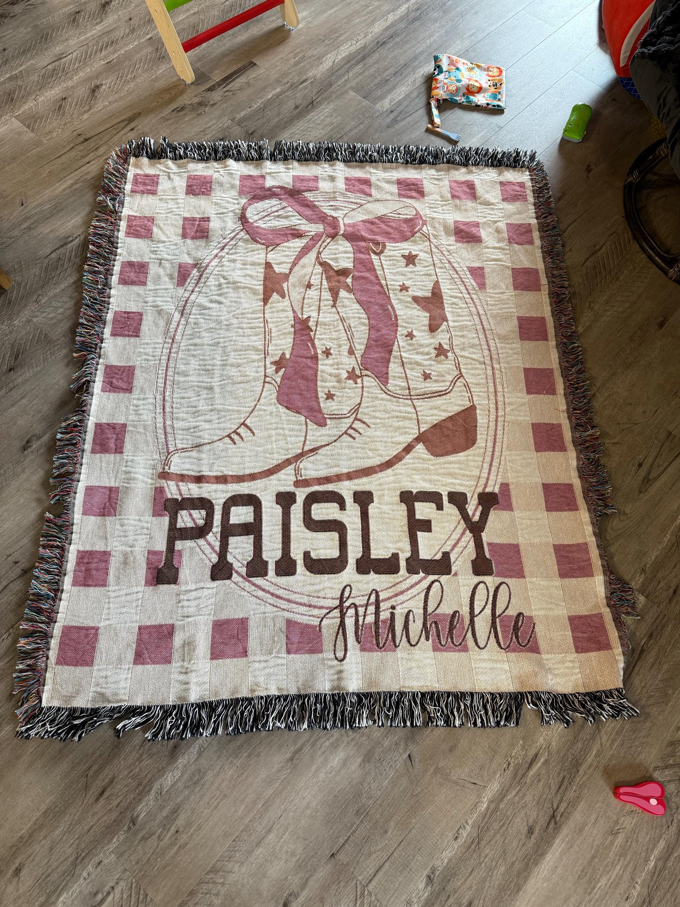 Personalized Cowgirl Blanket Cowgirl Baby Shower Gift Western Girl Blanket with Bow Nursery Decor Coquetteaesthetic Girl Name Woven Blanket
