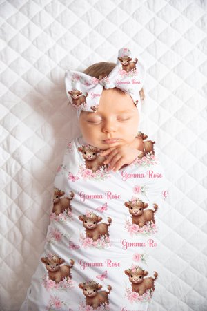 Personalized Highland Cow Swaddle, Custom Baby Girl Blanket, Bow Knotted Hat or Beanie, Baby Nursery Decor, Baby Shower Gift, Photo Prop