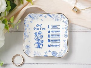 Personalized Christian Name Jewelry Dish, Ring Dish With Bible Verses, Custom Scripture Gift, God Says I Am Toile De Jouy, Religious Gift