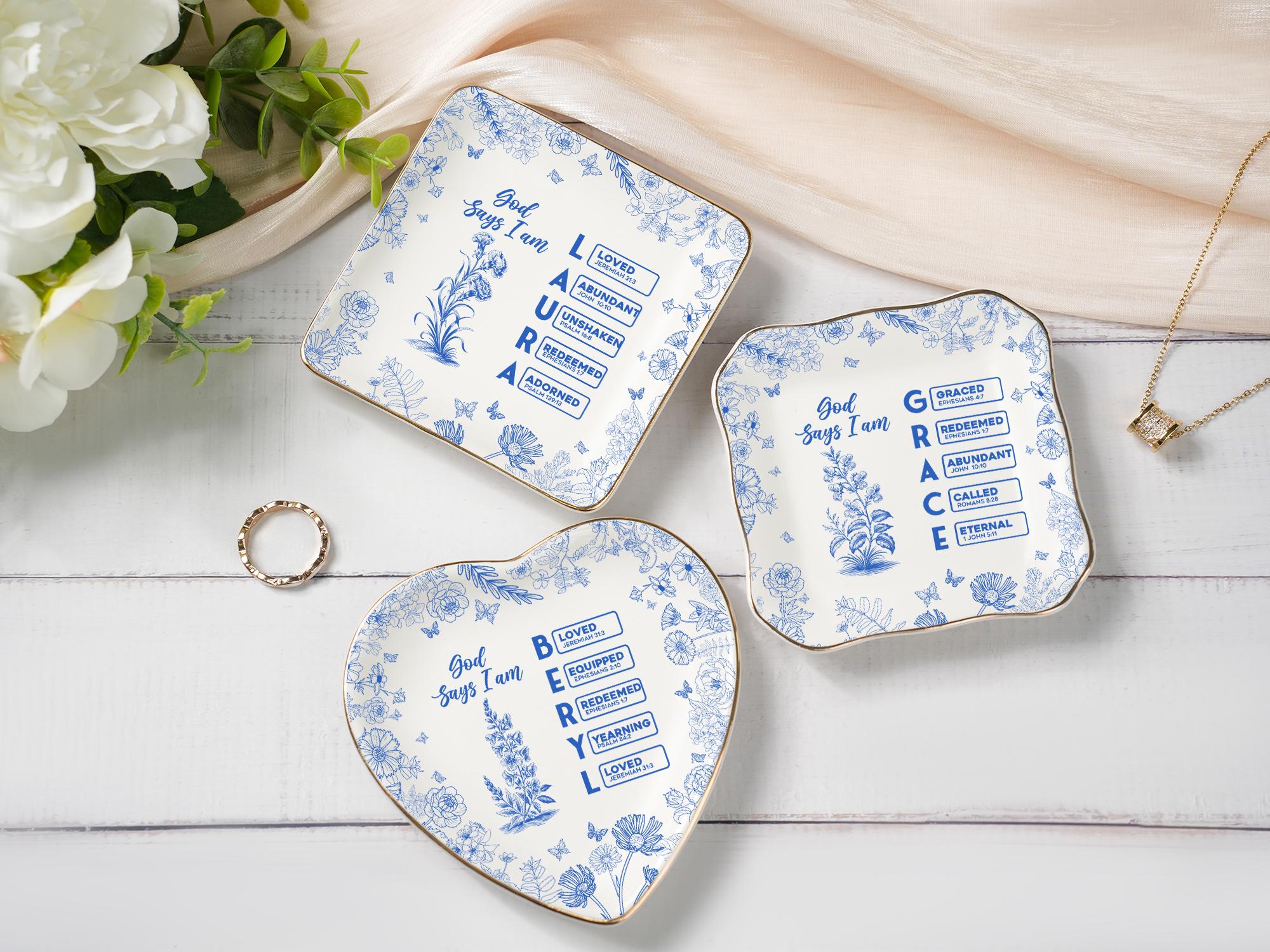 Personalized Christian Name Jewelry Dish, Ring Dish With Bible Verses, Custom Scripture Gift, God Says I Am Toile De Jouy, Religious Gift