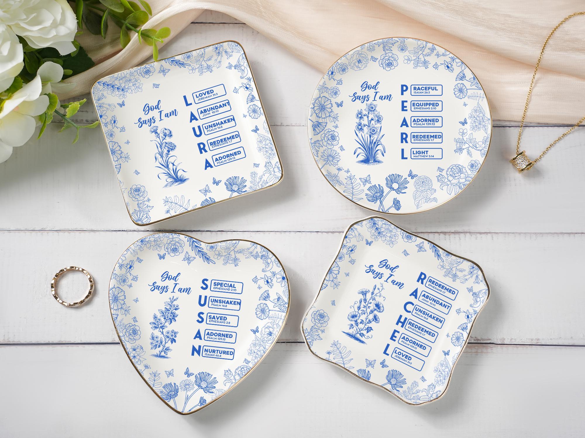 Personalized Christian Name Jewelry Dish, Ring Dish With Bible Verses, Custom Scripture Gift, God Says I Am Toile De Jouy, Religious Gift
