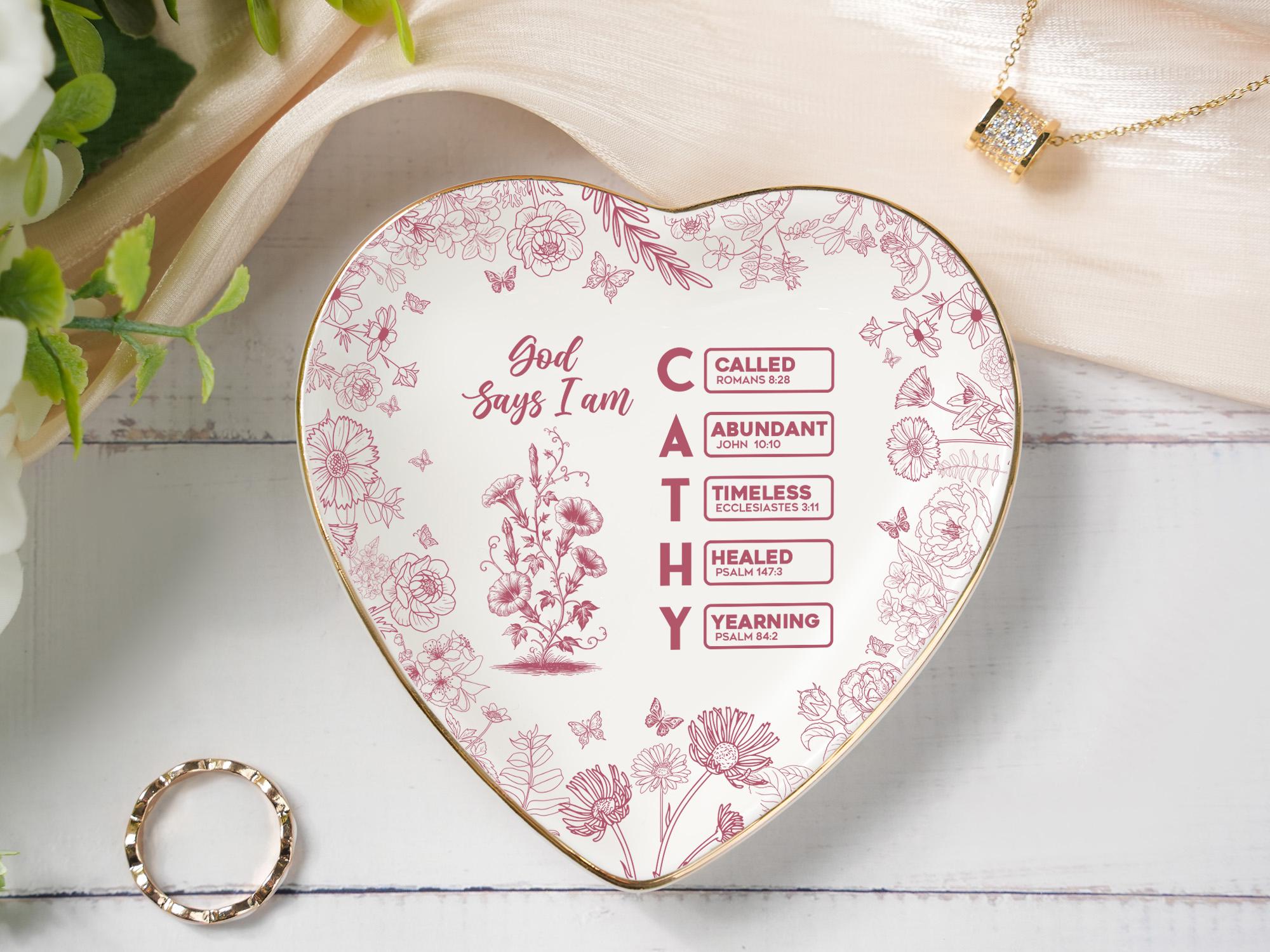 Personalized Christian Name Jewelry Dish, Ring Dish With Bible Verses, Custom Scripture Gift, God Says I Am Toile De Jouy, Religious Gift