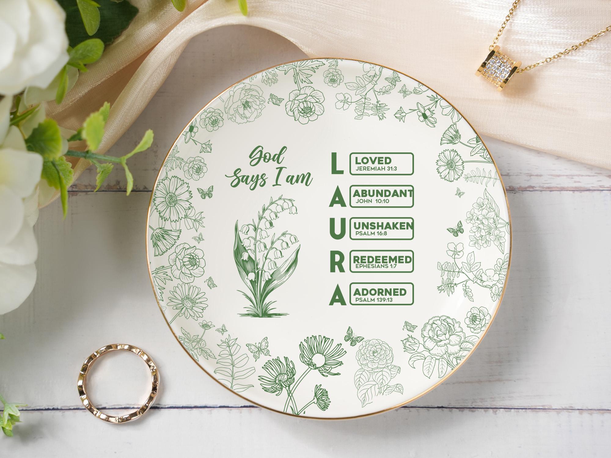 Personalized Christian Name Jewelry Dish, Ring Dish With Bible Verses, Custom Scripture Gift, God Says I Am Toile De Jouy, Religious Gift