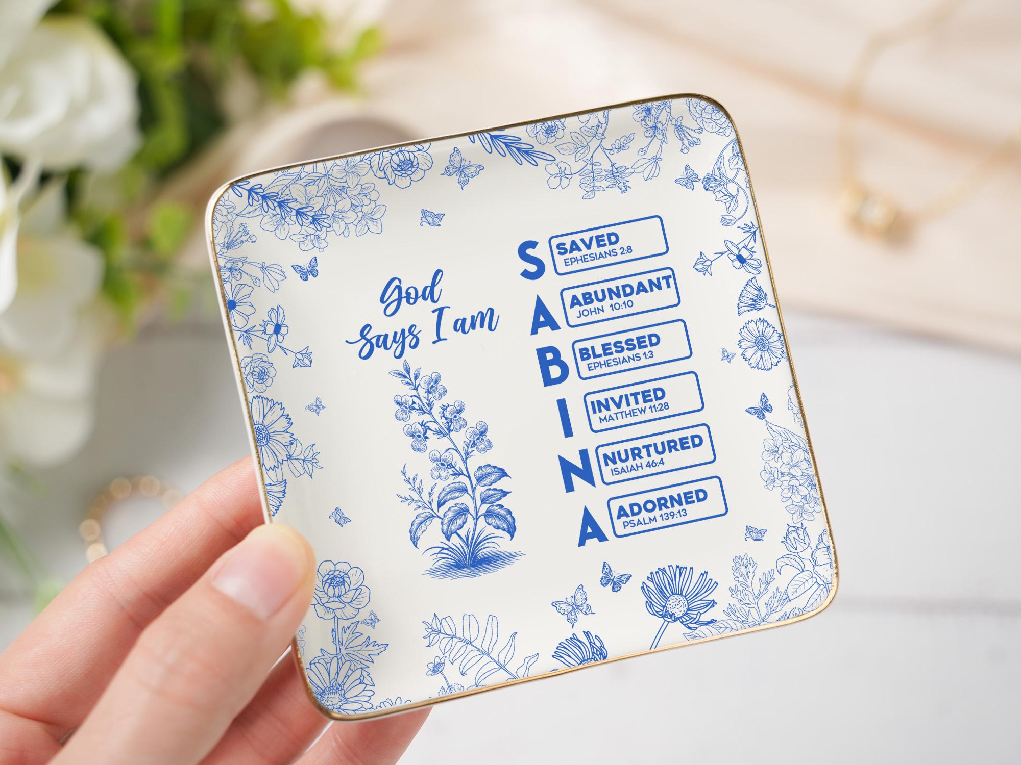 Personalized Christian Name Jewelry Dish, Ring Dish With Bible Verses, Custom Scripture Gift, God Says I Am Toile De Jouy, Religious Gift