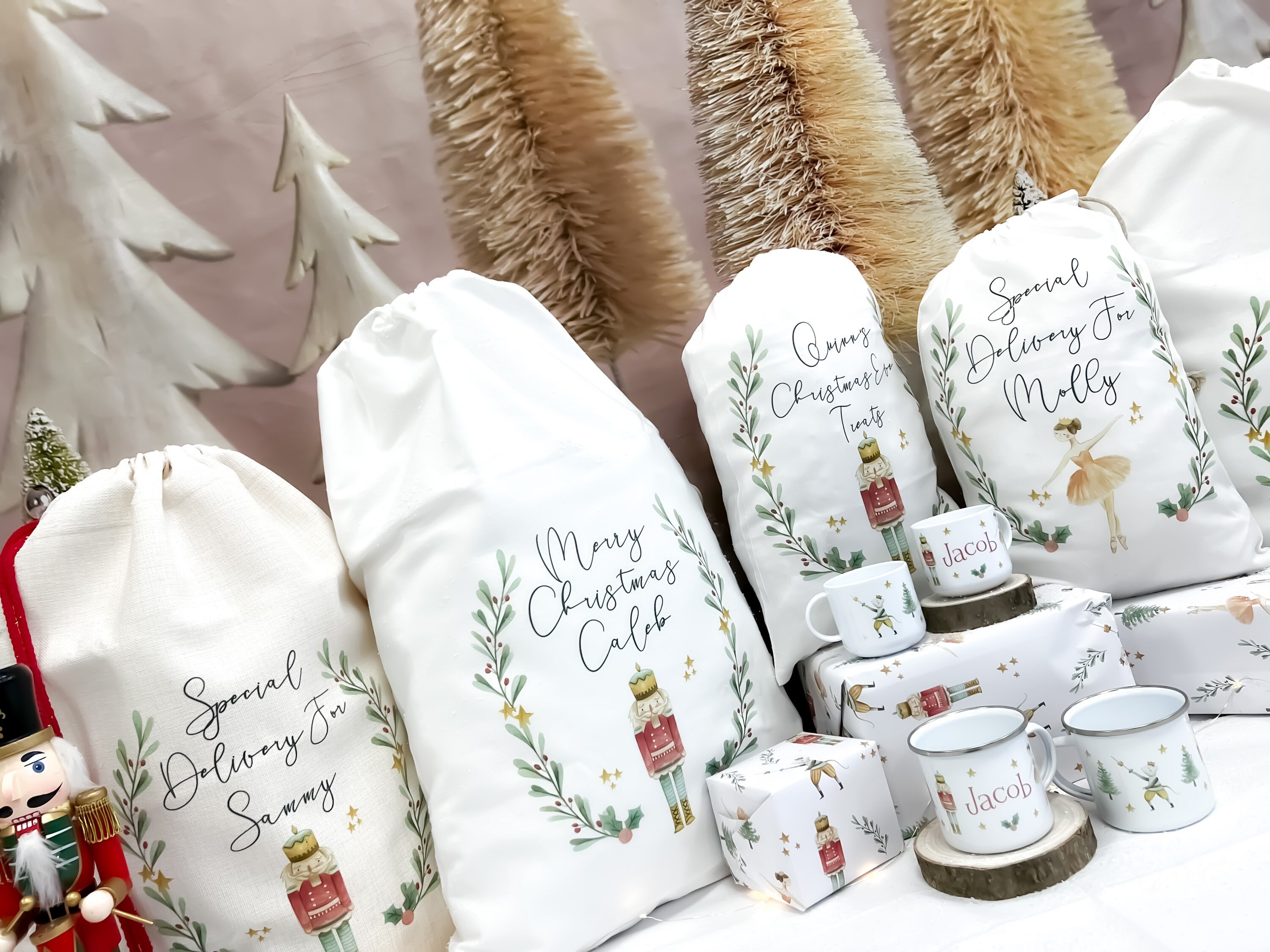 personalised santa sack, Christmas sack, Christmas nutcracker, sugar plum fairy, girl, boy, Christmas Eve box, first Christmas gift