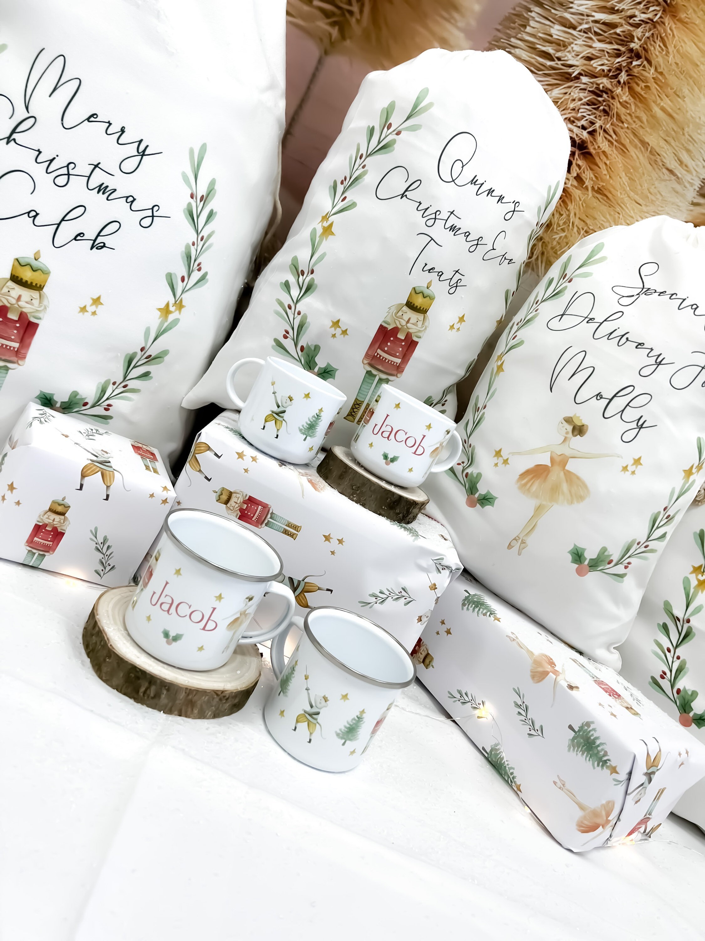 personalised santa sack, Christmas sack, Christmas nutcracker, sugar plum fairy, girl, boy, Christmas Eve box, first Christmas gift