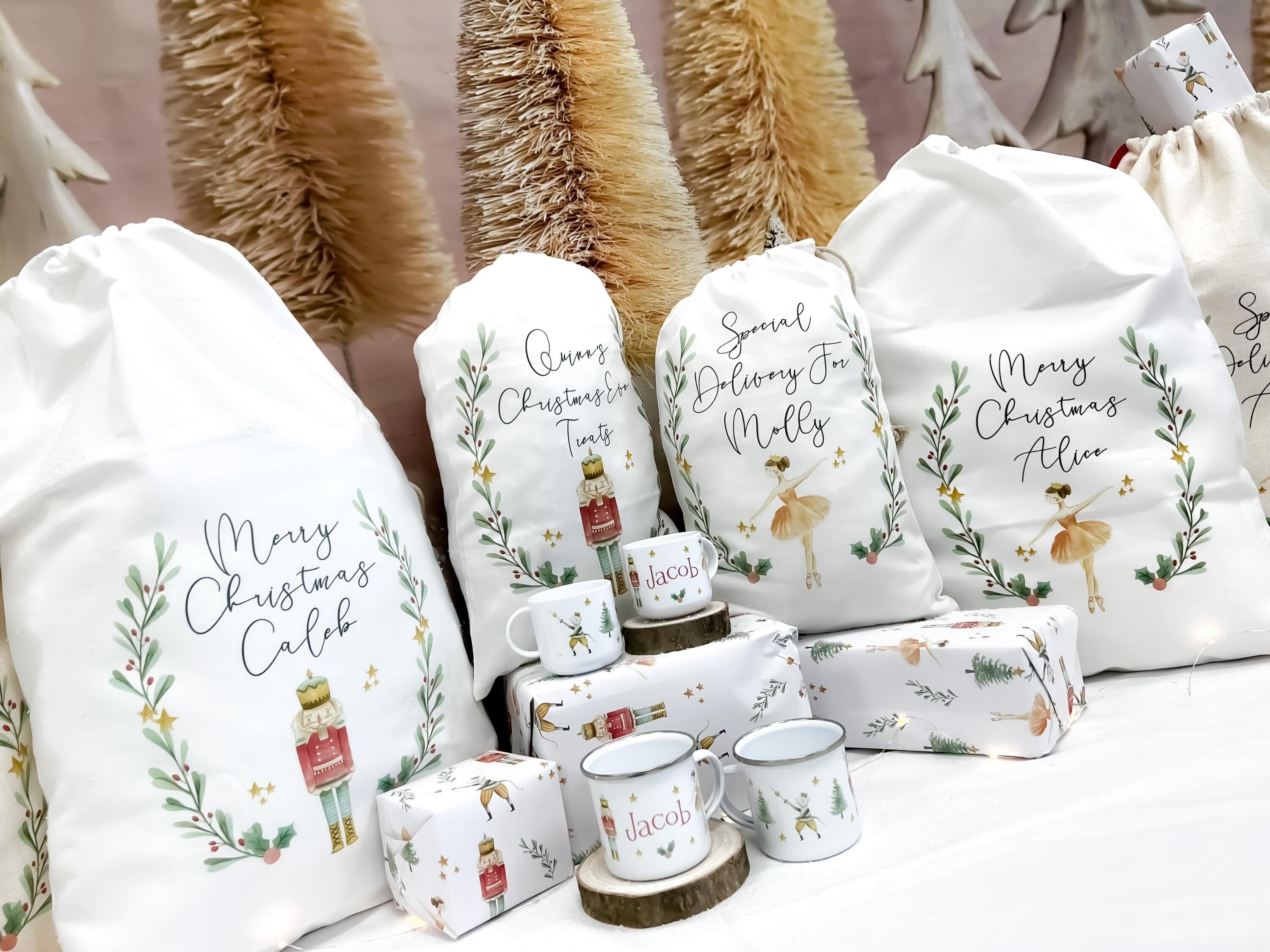 personalised santa sack, Christmas sack, Christmas nutcracker, sugar plum fairy, girl, boy, Christmas Eve box, first Christmas gift