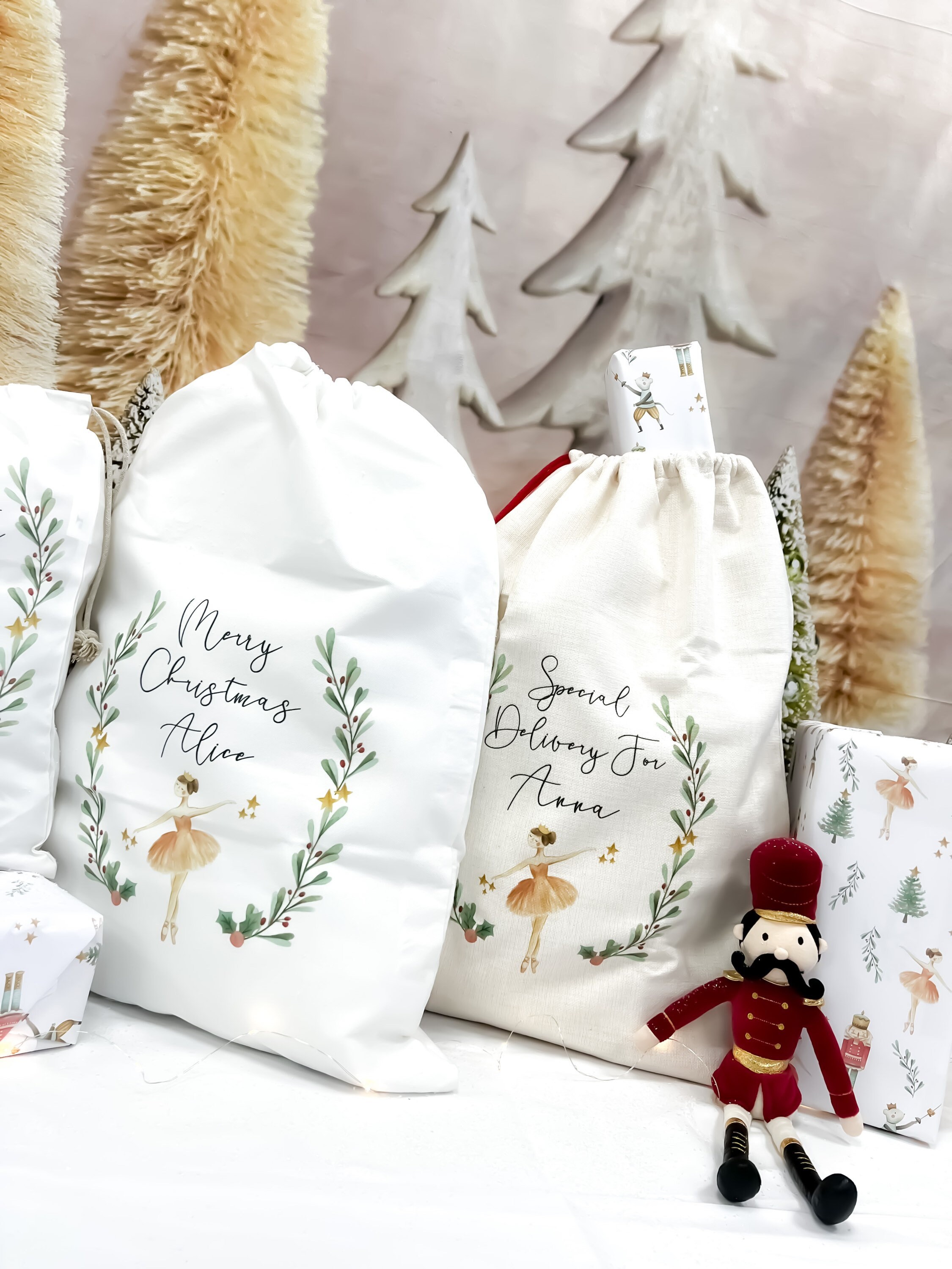 personalised santa sack, Christmas sack, Christmas nutcracker, sugar plum fairy, girl, boy, Christmas Eve box, first Christmas gift