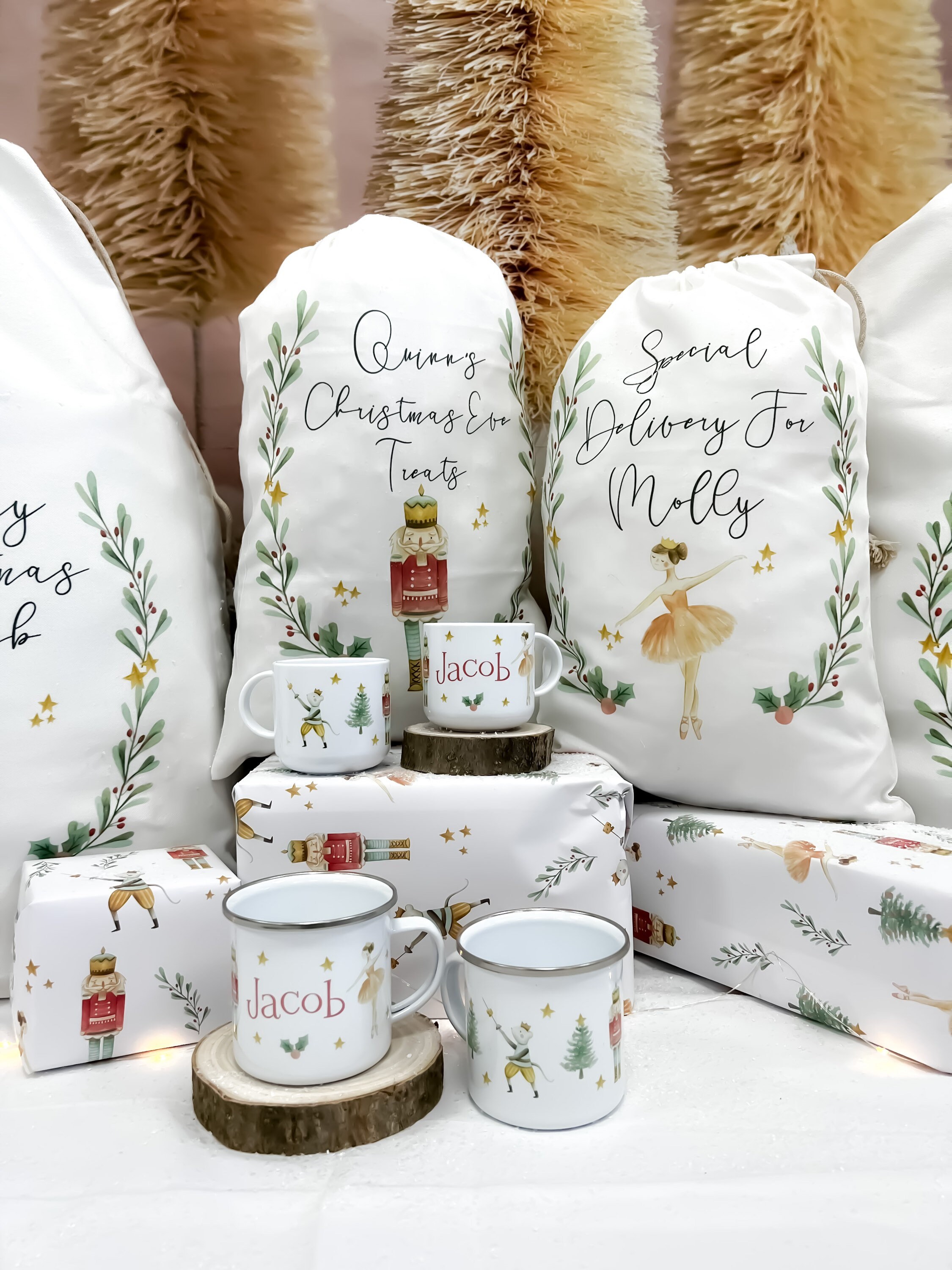 personalised santa sack, Christmas sack, Christmas nutcracker, sugar plum fairy, girl, boy, Christmas Eve box, first Christmas gift