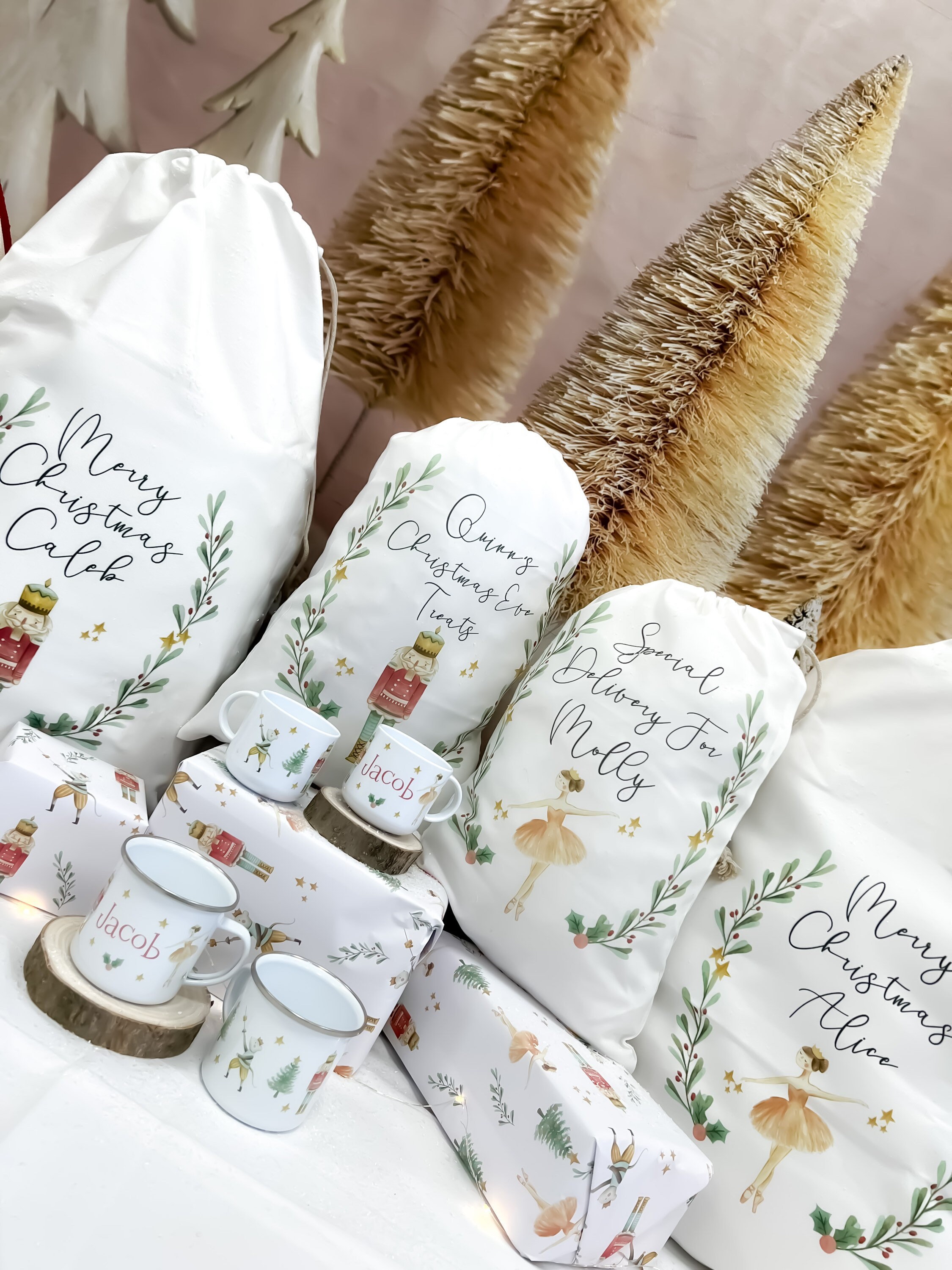 personalised santa sack, Christmas sack, Christmas nutcracker, sugar plum fairy, girl, boy, Christmas Eve box, first Christmas gift