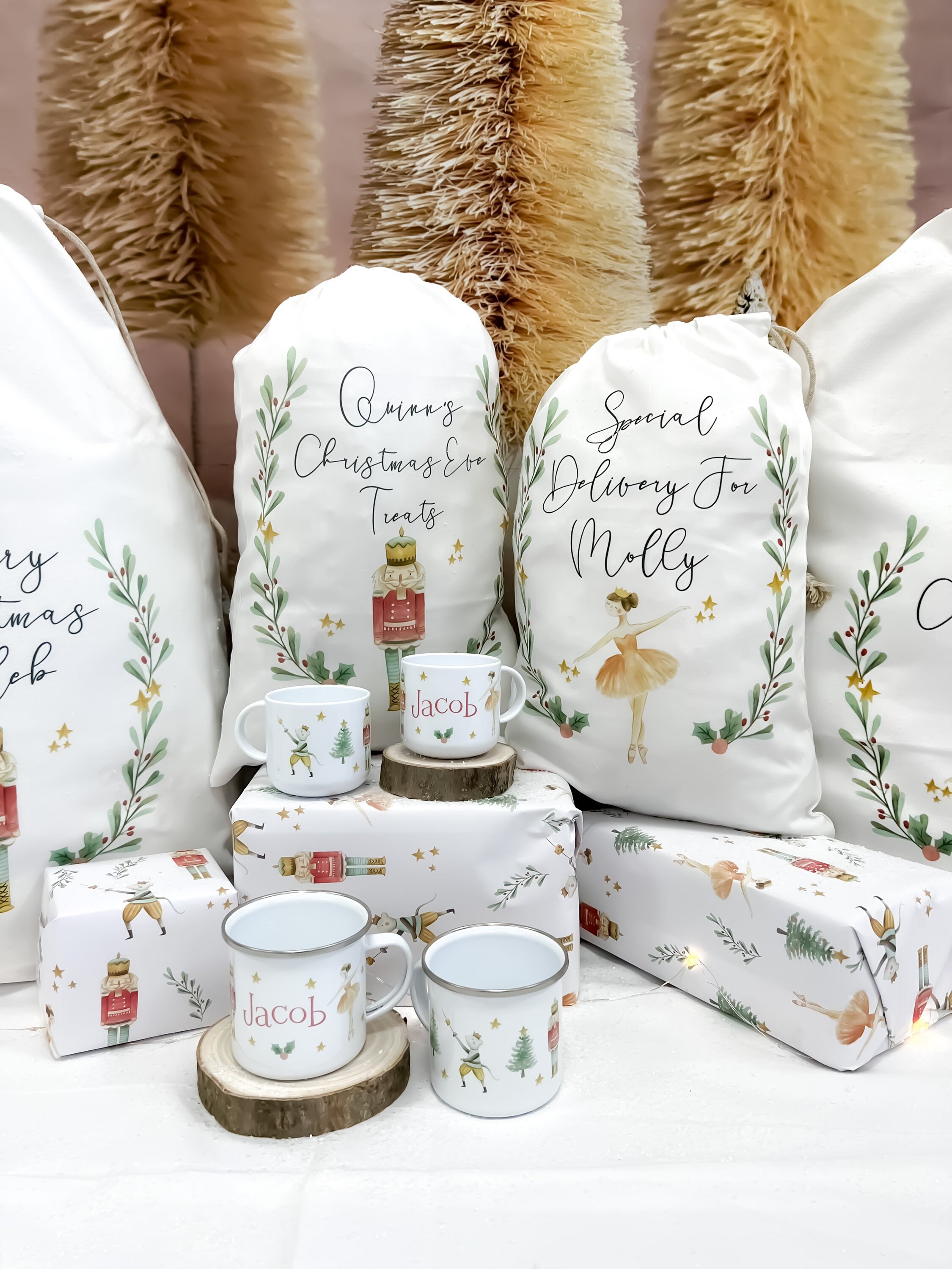 personalised santa sack, Christmas sack, Christmas nutcracker, sugar plum fairy, girl, boy, Christmas Eve box, first Christmas gift