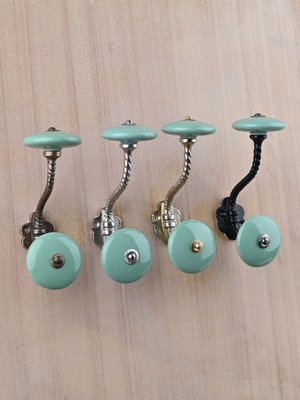 Sea Green Ceramic Wall Hooks, Handmade Blue Pottery Hangers