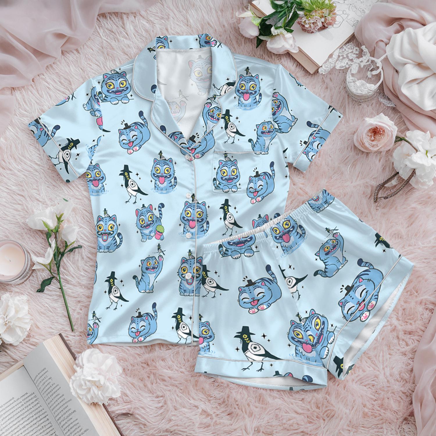 Kpop Demon Hunters Tiger Satin Pajama Set, Derpy the Tiger & Bird Sleepwear, Kpop Saja Boys Pajamas, Kpop Demon Hunter Shirt