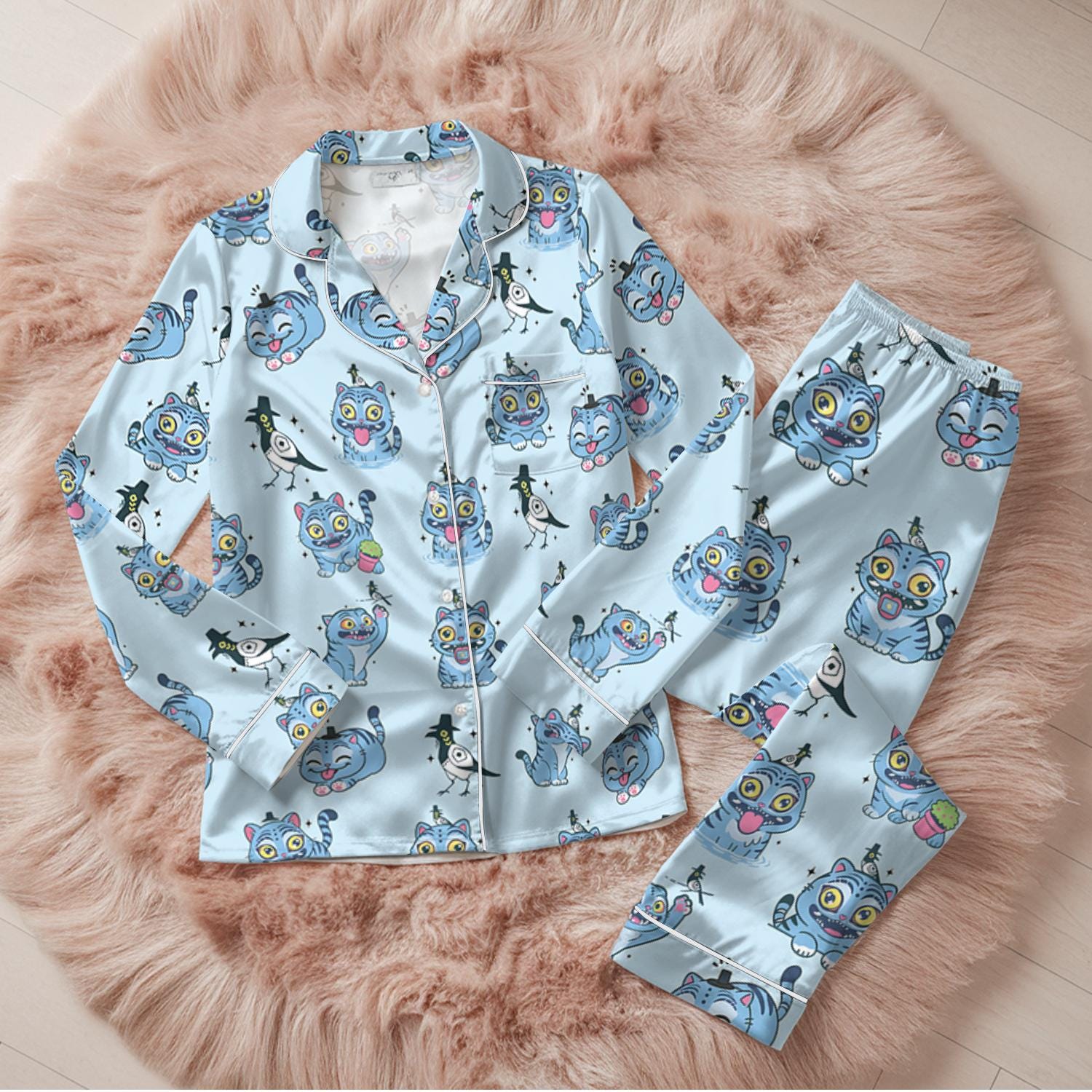 Kpop Demon Hunters Tiger Satin Pajama Set, Derpy the Tiger & Bird Sleepwear, Kpop Saja Boys Pajamas, Kpop Demon Hunter Shirt