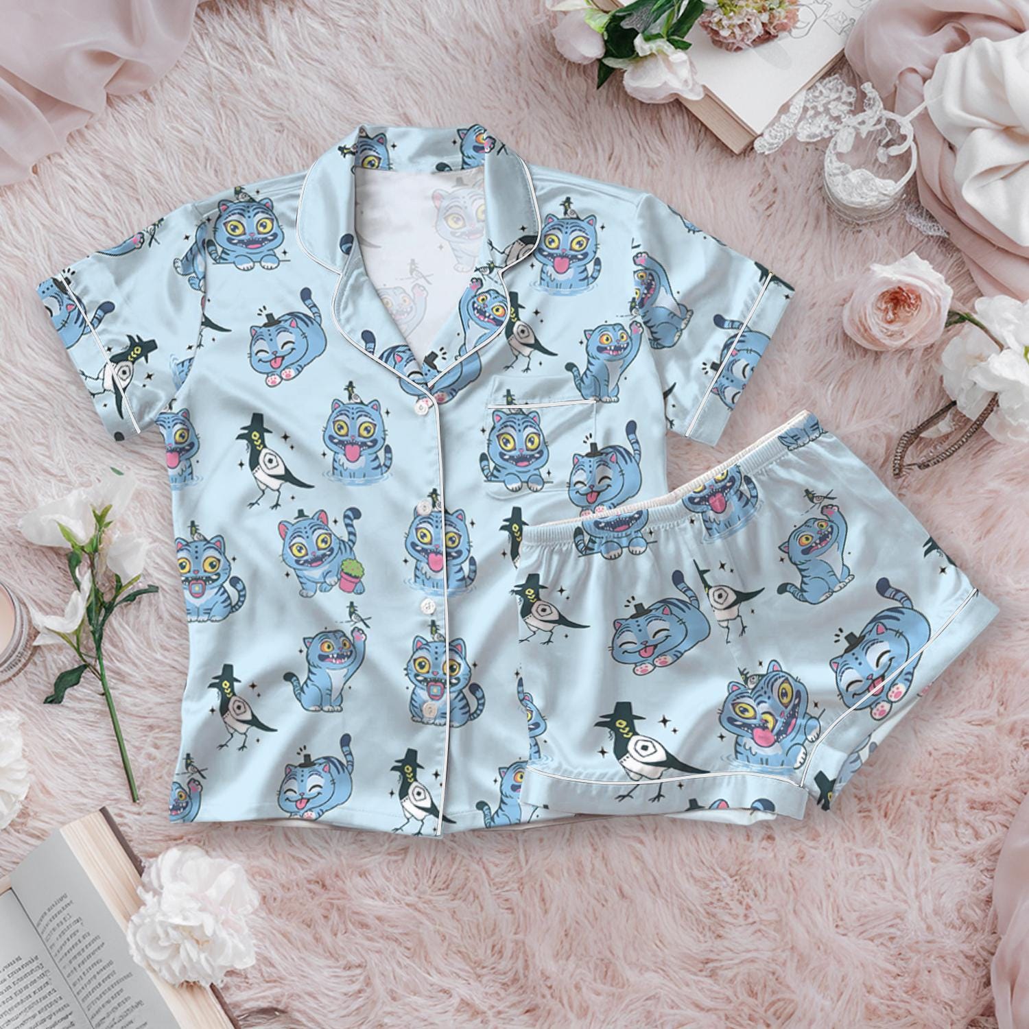 Kpop Demon Hunters Tiger Satin Pajama Set, Derpy the Tiger & Bird Sleepwear, Kpop Saja Boys Pajamas, Kpop Demon Hunter Shirt