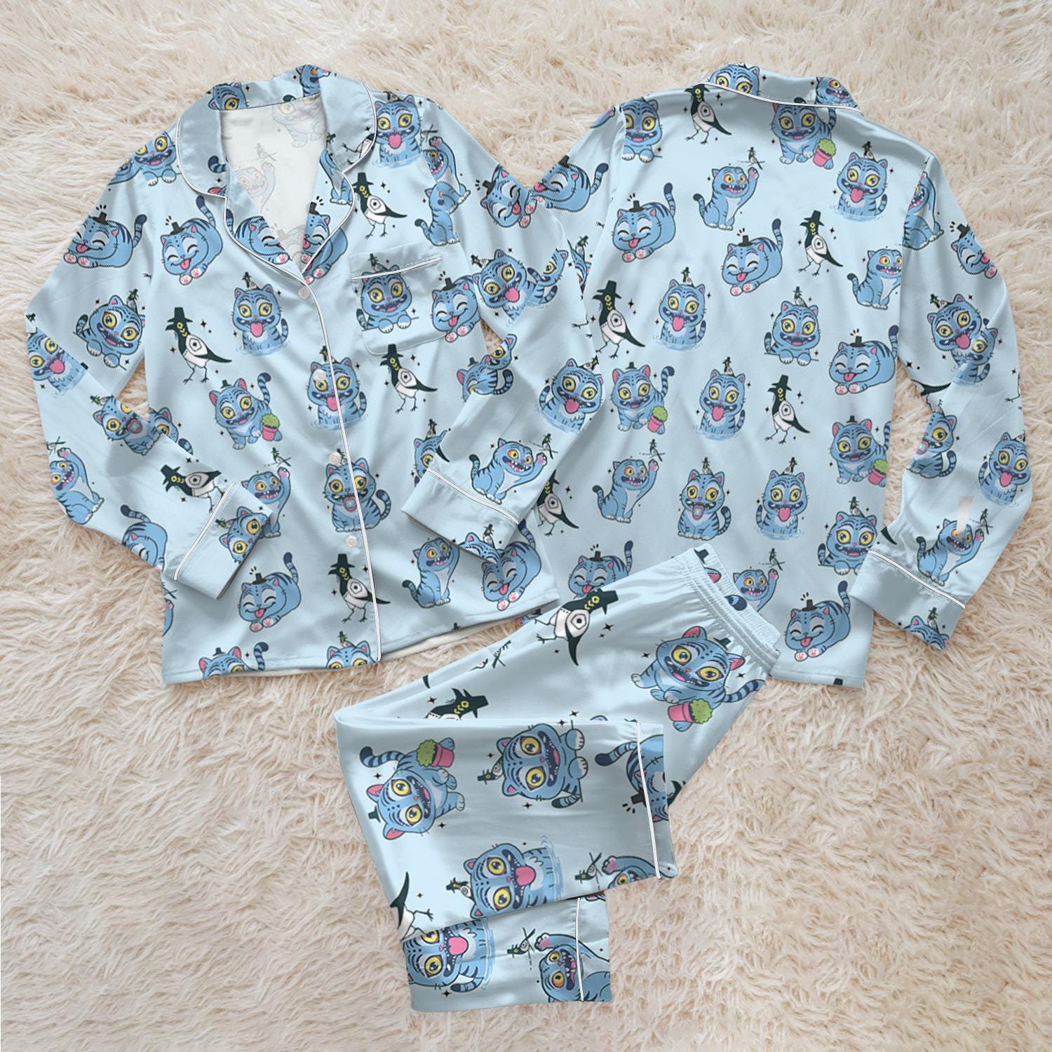 Kpop Demon Hunters Tiger Satin Pajama Set, Derpy the Tiger & Bird Sleepwear, Kpop Saja Boys Pajamas, Kpop Demon Hunter Shirt