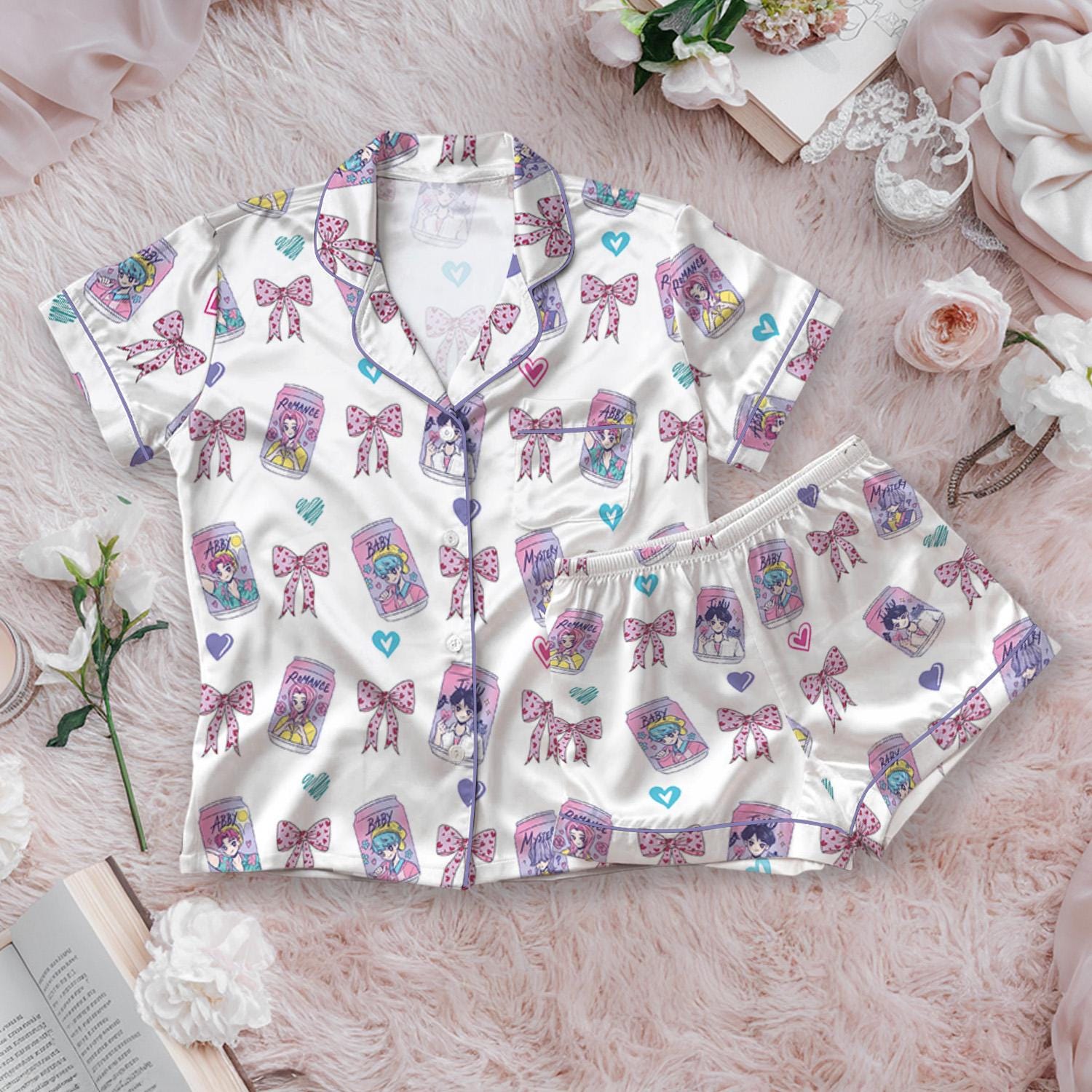 Soda Saja Boys Kpop Satin Pajamas Set, Kpop Saja Boys Soda Pop Pjs, Lover Drinks Loungewear, Coquette Saja Boys Sleepwear