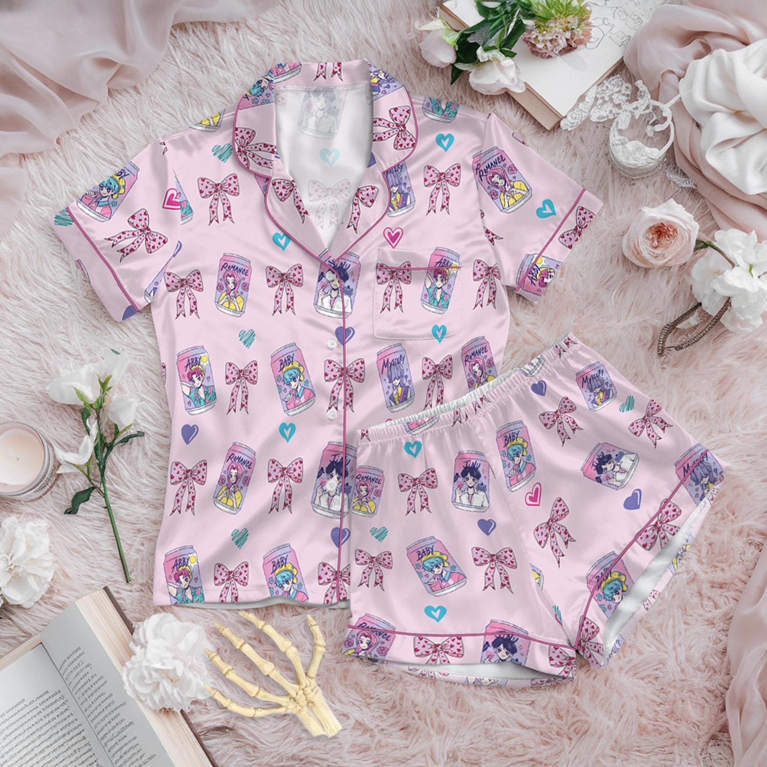 Soda Saja Boys Kpop Satin Pajamas Set, Kpop Saja Boys Soda Pop Pjs, Lover Drinks Loungewear, Coquette Saja Boys Sleepwear