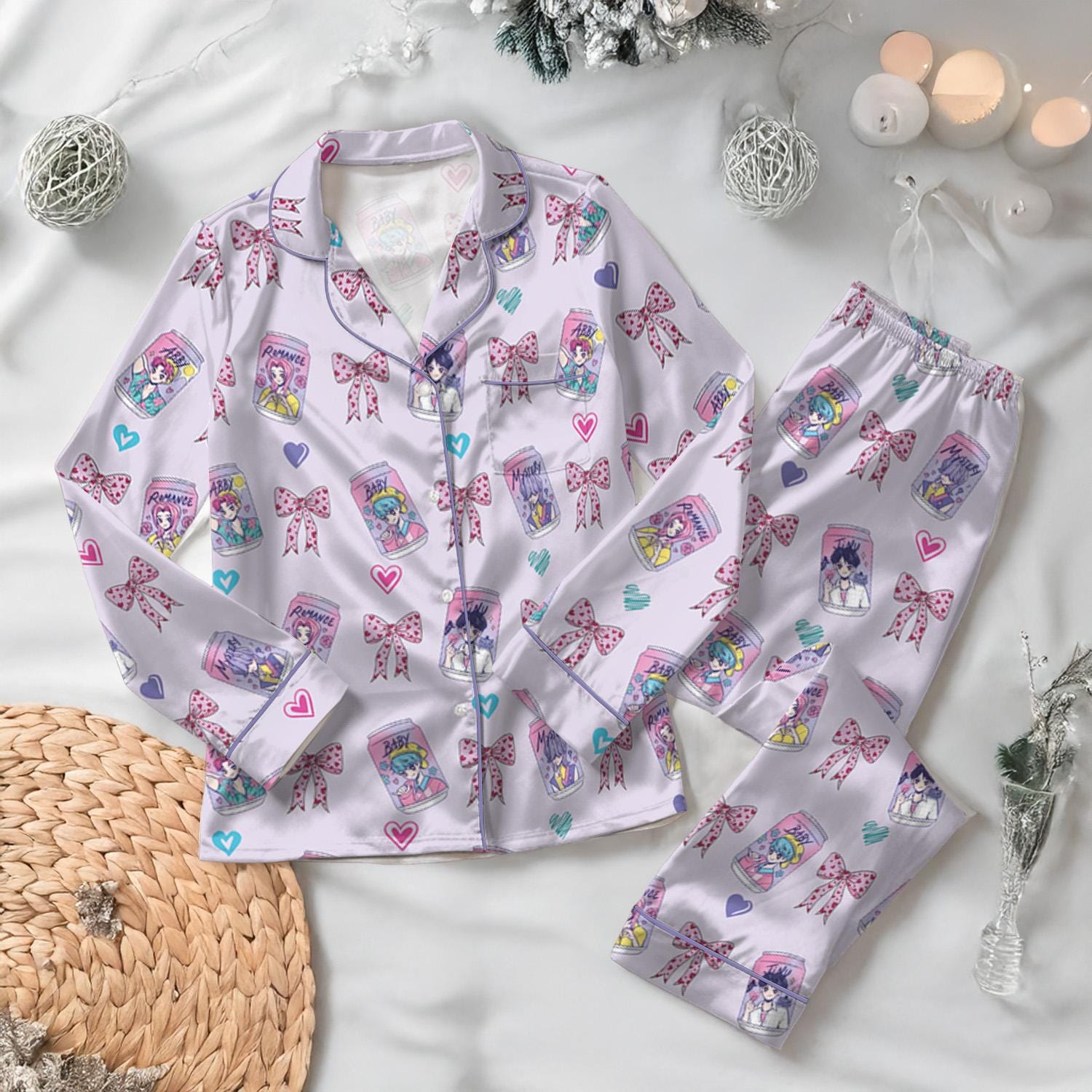 Soda Saja Boys Kpop Satin Pajamas Set, Kpop Saja Boys Soda Pop Pjs, Lover Drinks Loungewear, Coquette Saja Boys Sleepwear