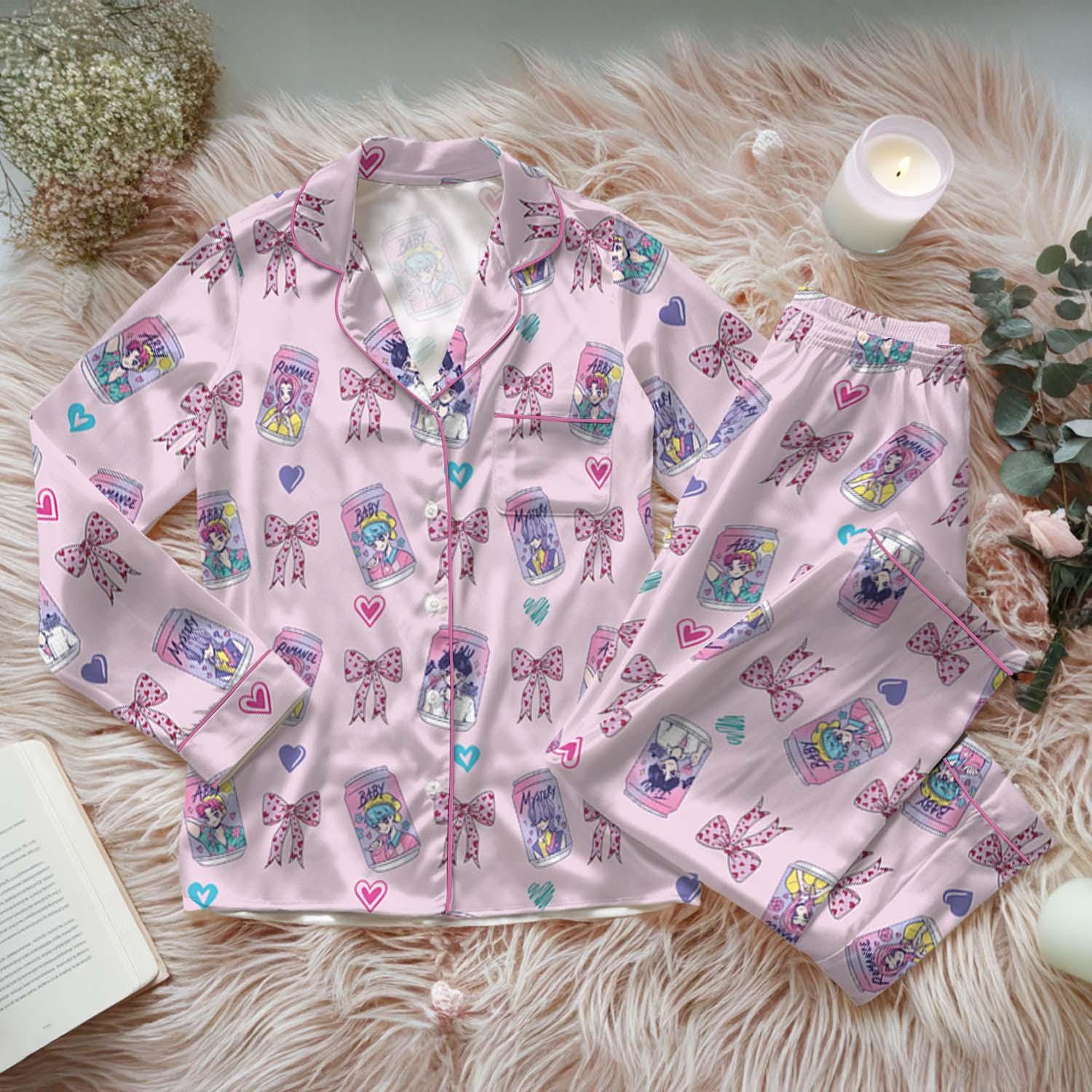 Soda Saja Boys Kpop Satin Pajamas Set, Kpop Saja Boys Soda Pop Pjs, Lover Drinks Loungewear, Coquette Saja Boys Sleepwear