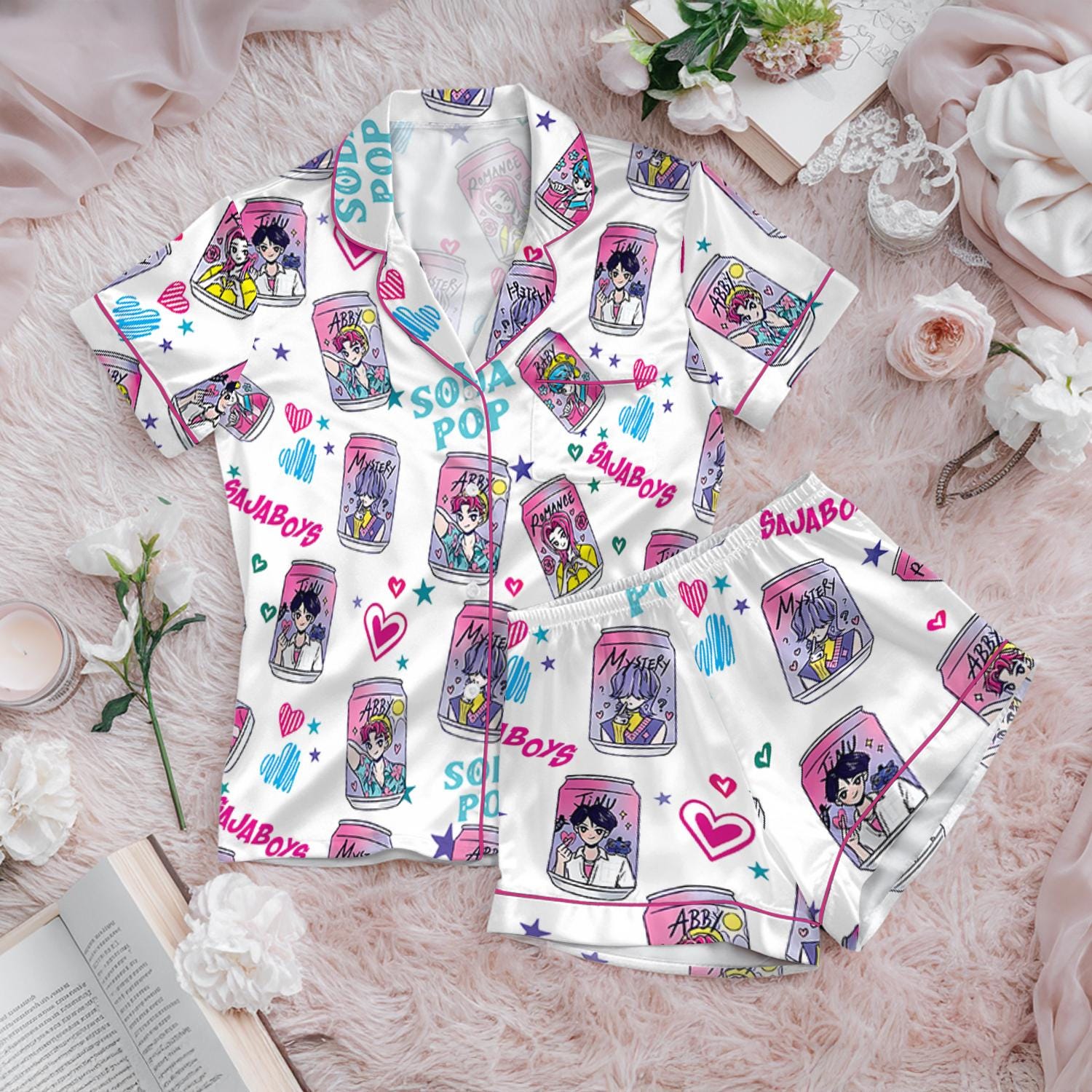 Saja Boys Soda Pop Satin Pajamas Set, 100% You Little Soda Pop Sleepwear, Lover Drinks Loungewear, Coquette Saja Boys Sleepwear