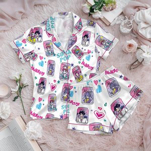 Saja Boys Soda Pop Satin Pajamas Set, 100% You Little Soda Pop Sleepwear, Lover Drinks Loungewear, Coquette Saja Boys Sleepwear