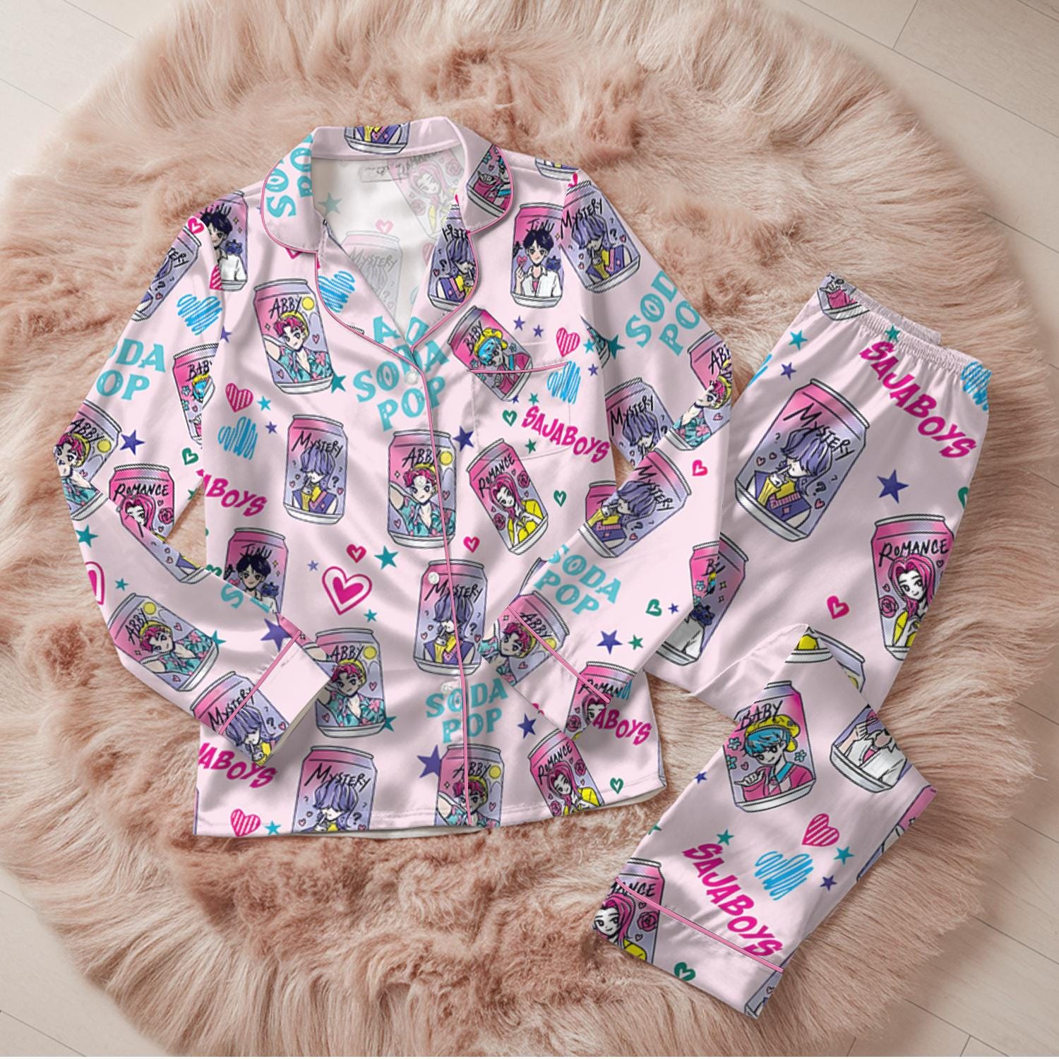 Saja Boys Soda Pop Satin Pajamas Set, 100% You Little Soda Pop Sleepwear, Lover Drinks Loungewear, Coquette Saja Boys Sleepwear