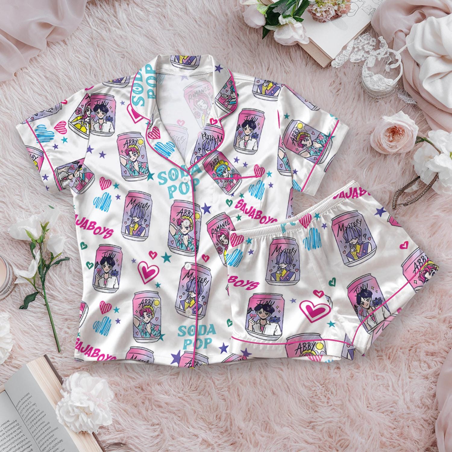 Saja Boys Soda Pop Satin Pajamas Set, 100% You Little Soda Pop Sleepwear, Lover Drinks Loungewear, Coquette Saja Boys Sleepwear