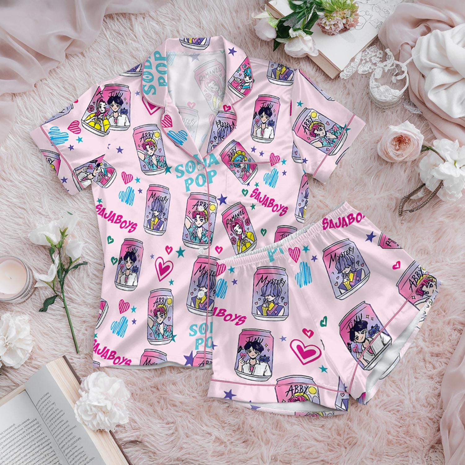 Saja Boys Soda Pop Satin Pajamas Set, 100% You Little Soda Pop Sleepwear, Lover Drinks Loungewear, Coquette Saja Boys Sleepwear