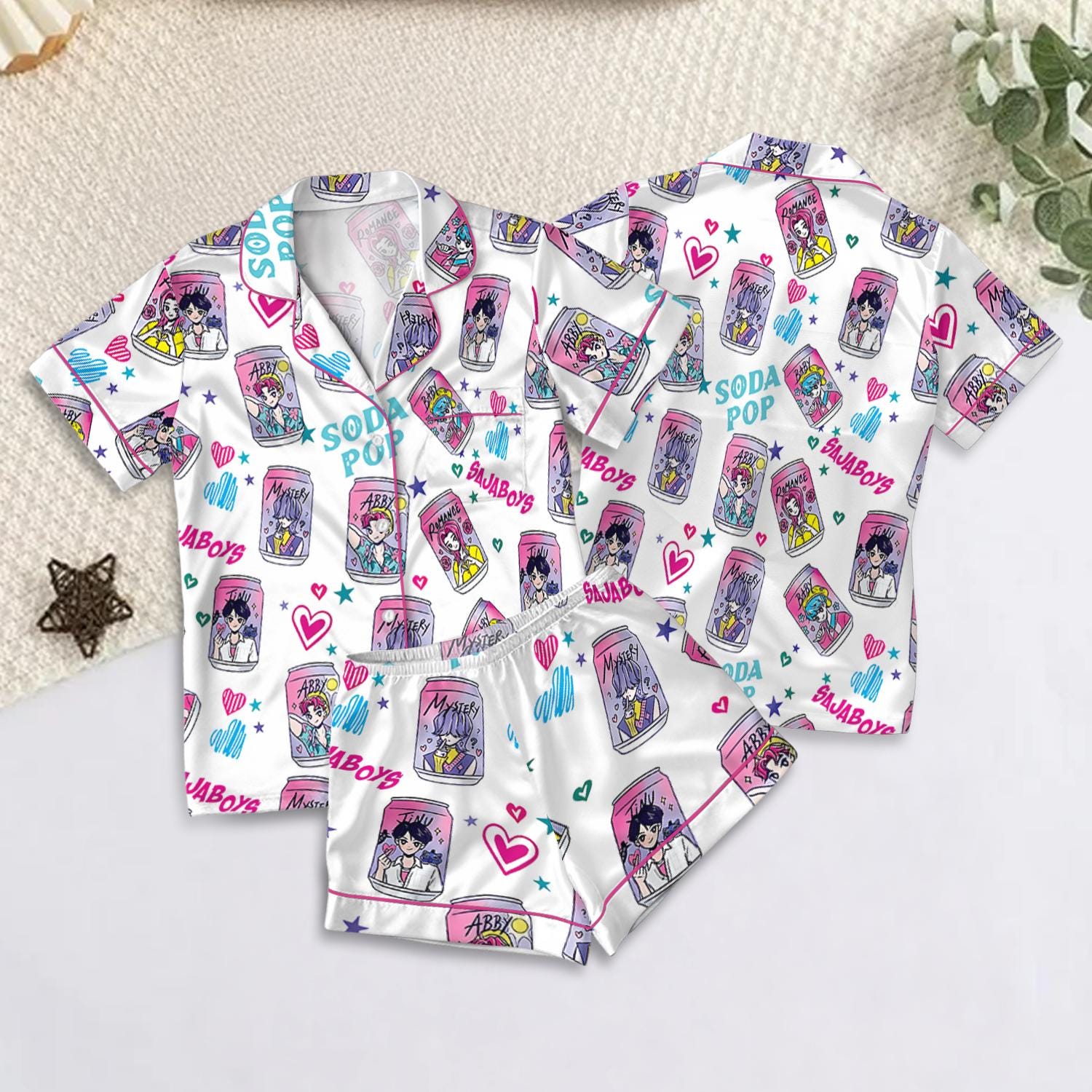 Saja Boys Soda Pop Satin Pajamas Set, 100% You Little Soda Pop Sleepwear, Lover Drinks Loungewear, Coquette Saja Boys Sleepwear