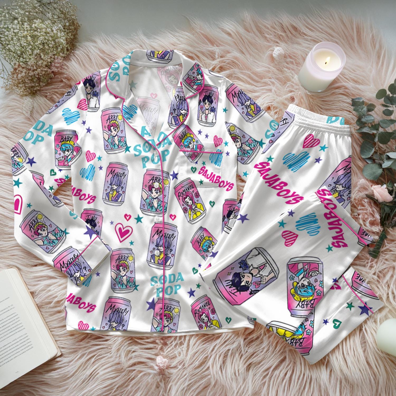 Saja Boys Soda Pop Satin Pajamas Set, 100% You Little Soda Pop Sleepwear, Lover Drinks Loungewear, Coquette Saja Boys Sleepwear